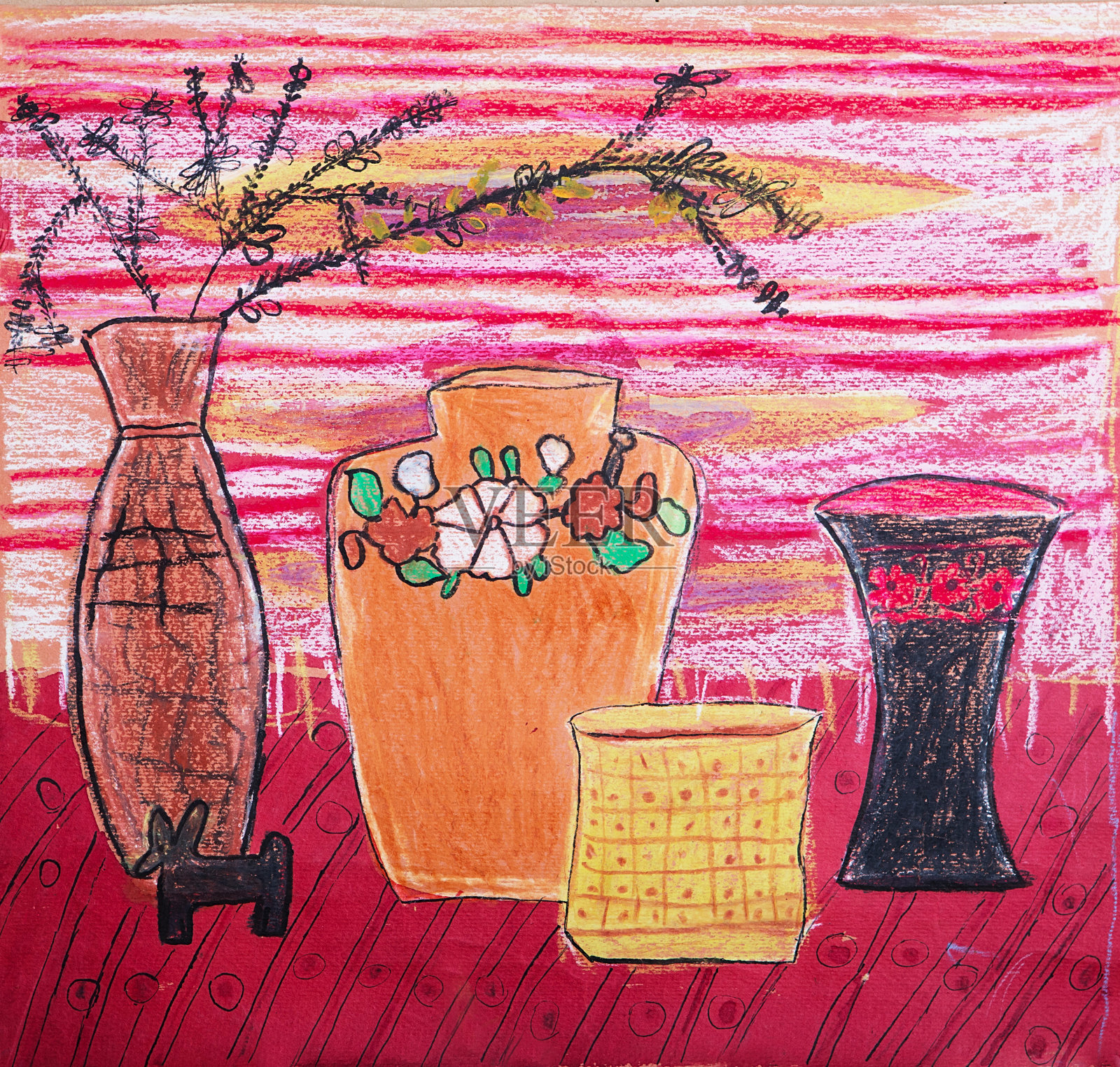 篮子，花瓶，水果和干花的静物构图插图。印象派,孩子们的创造力插画图片素材