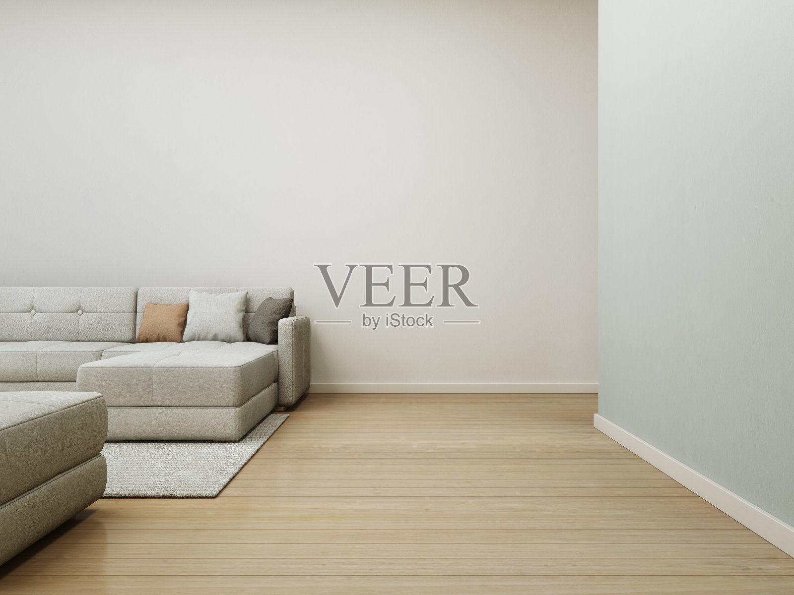 木质地板上的沙发和地毯，空白的白色混凝土墙背景，现代住宅明亮客厅的放松区插画图片素材