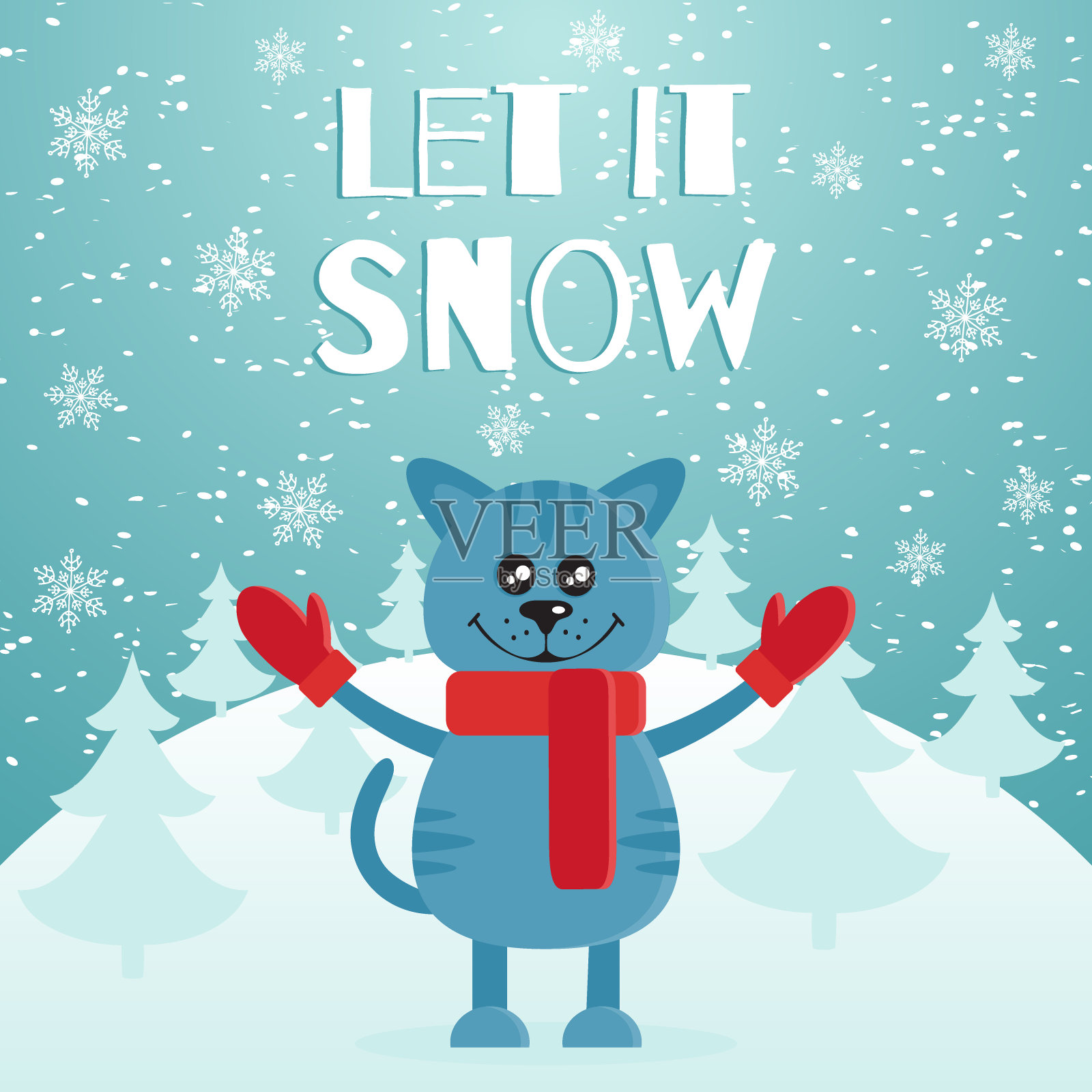 让它下雪的明信片或横幅。可爱的蓝猫穿着红色的围巾和手套。山和冷杉森林的背景。圣诞快乐。平面设计。Vecto插画图片素材