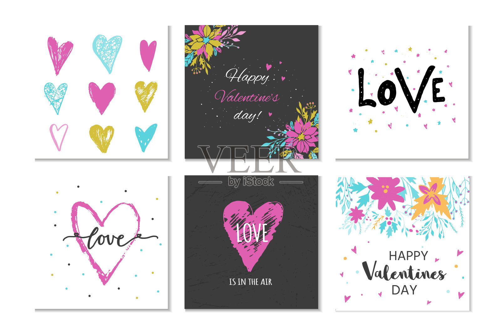 可爱的一套6情人节礼物卡与心，鲜花和字母的爱设计模板素材