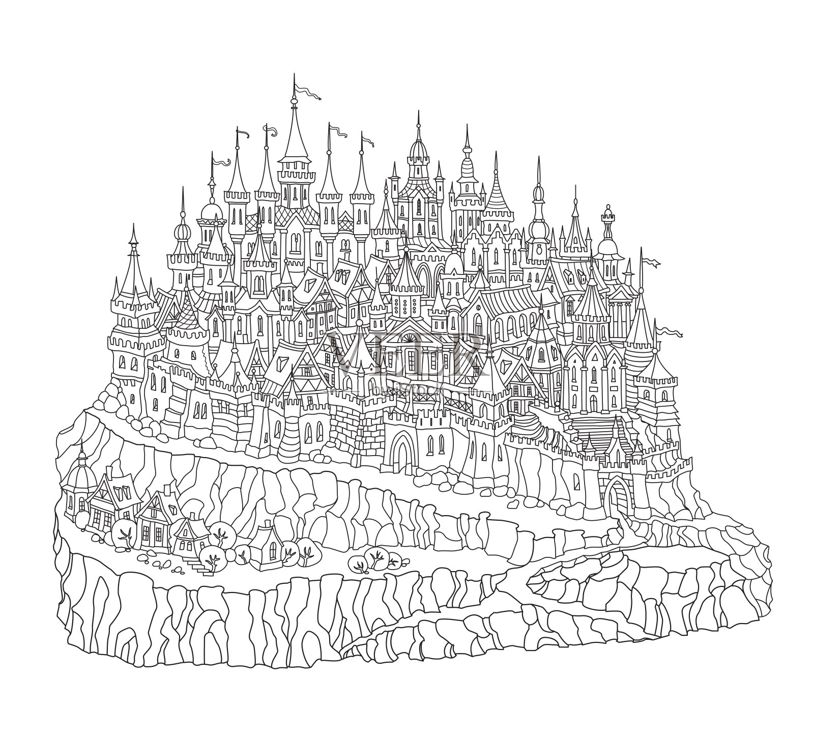 矢量卡通童话岩石岛景观城堡，房子和树。手绘黑白涂鸦素描。幻想印花t恤。成人和儿童涂色书页插画图片素材