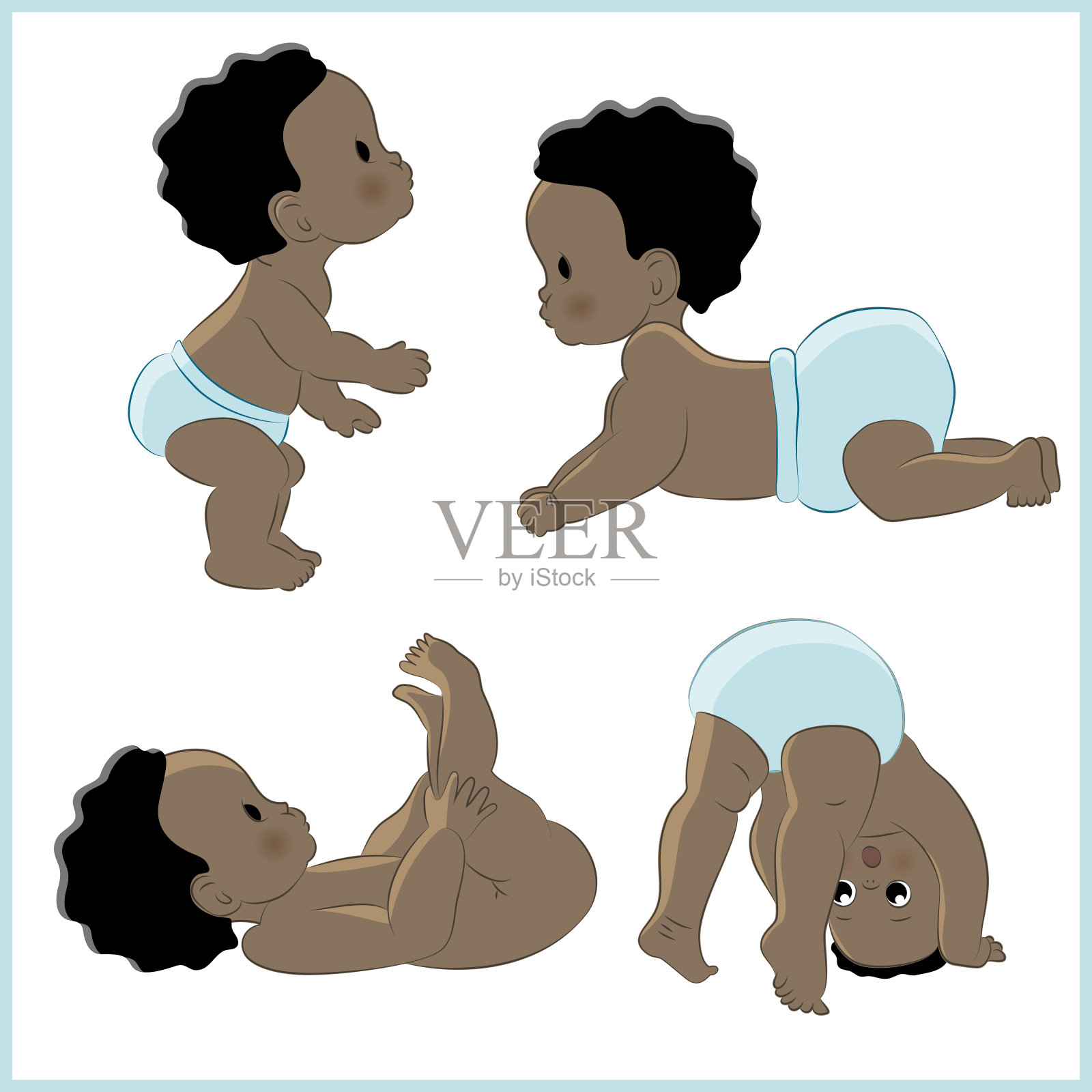 一套向量插图与可爱的黑色小新生儿。黑皮肤，黑眼睛。非洲裔美国人的孩子。白色背景设计元素图片