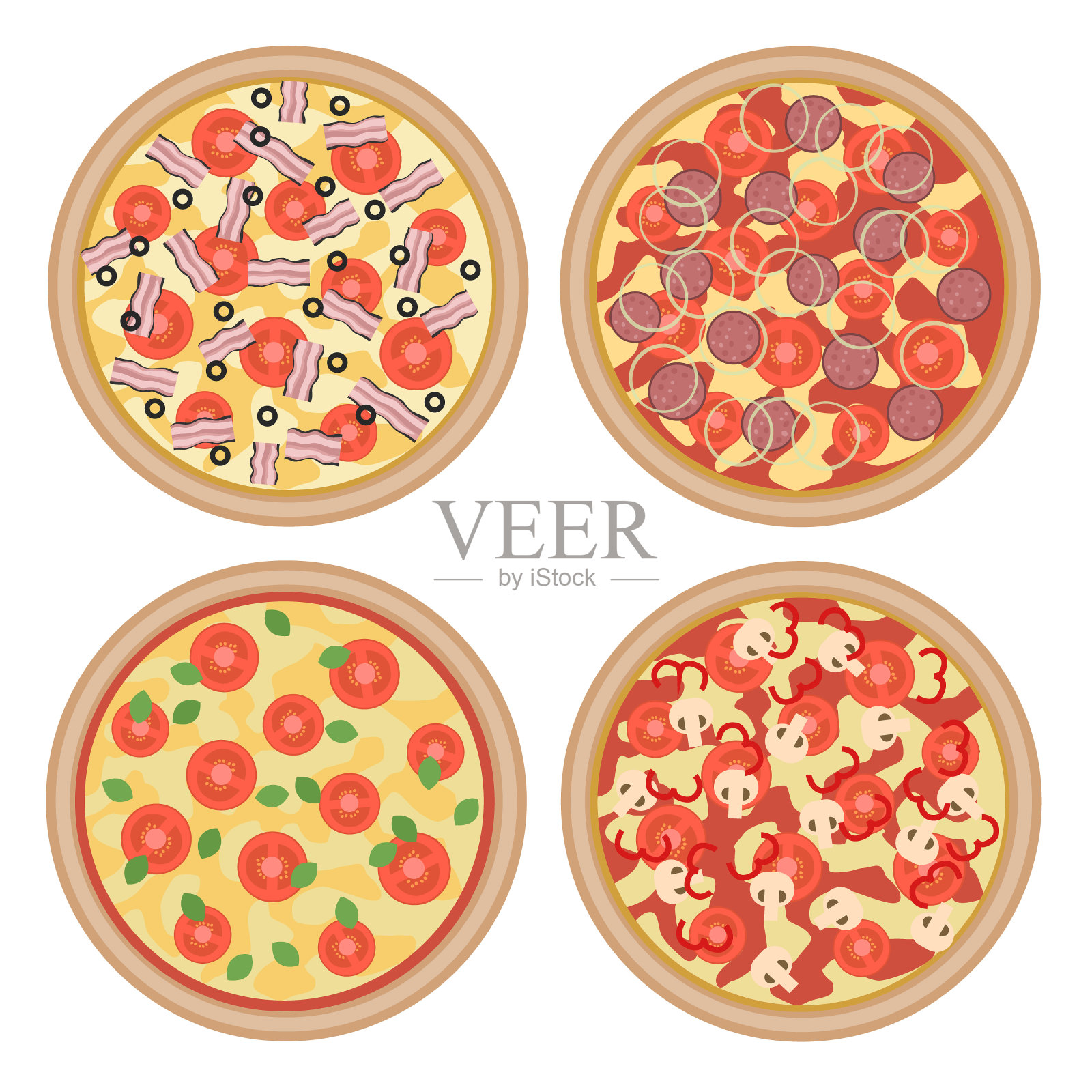 矢量组的平面意大利披萨与不同的成分隔离在白色的背景设计元素图片
