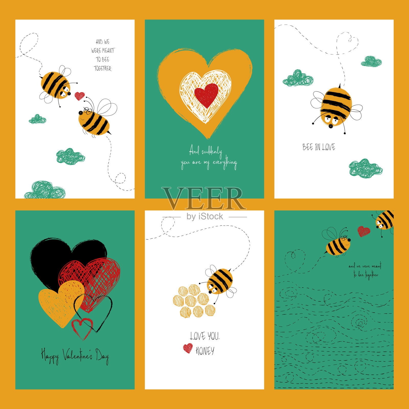 一套可爱蜜蜂的爱的卡片。设计模板素材