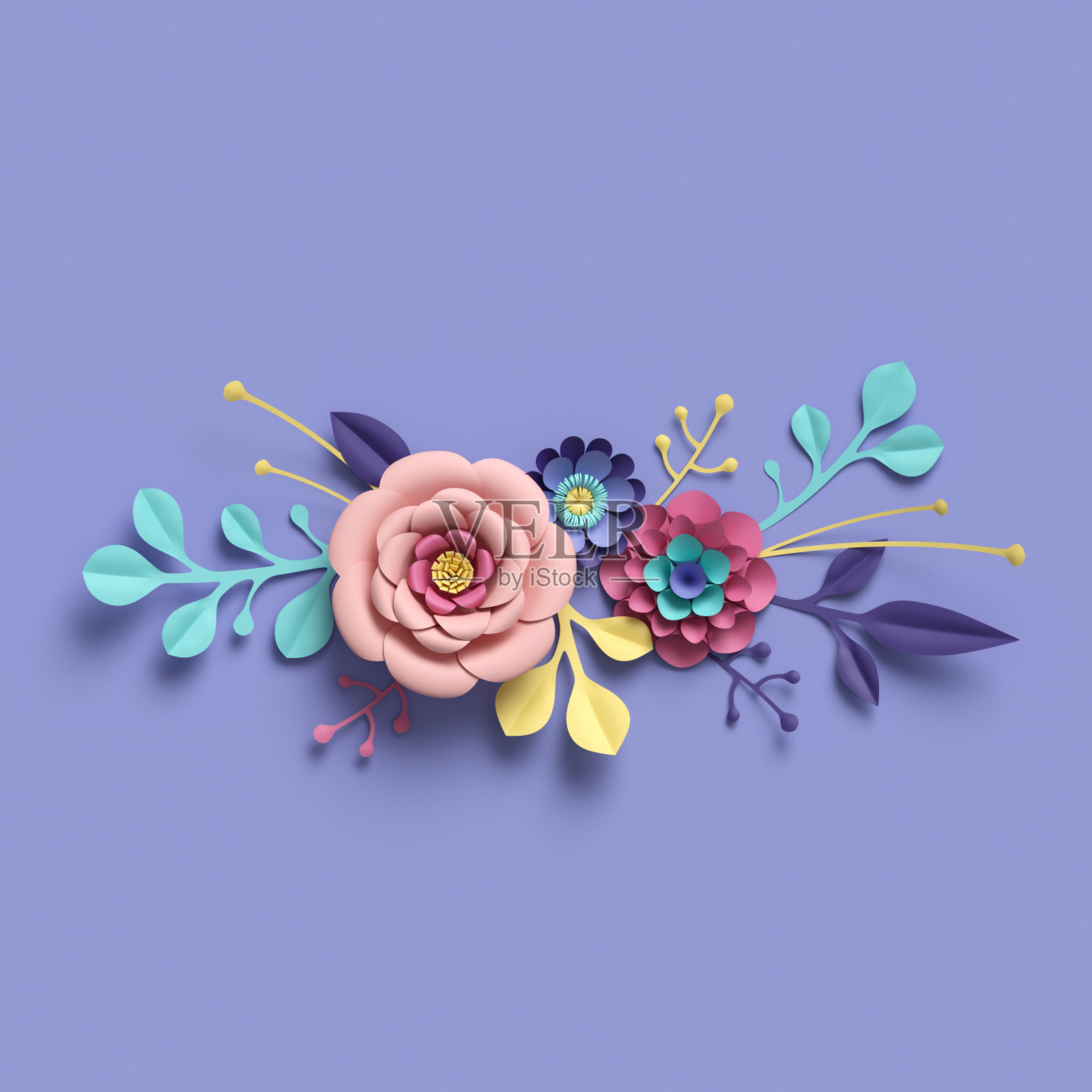 3d渲染，抽象的圆形花束，植物背景，新娘纸花，图案，纸工艺，糖果粉彩，明亮的色调调色板插画图片素材