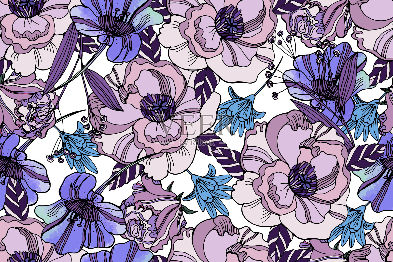 美丽的毛茛和草甸花的明亮无缝图案。时髦的紫外线的颜色。花卉背景的家庭纺织品，室内，亚麻，棉花织物。插画图片素材