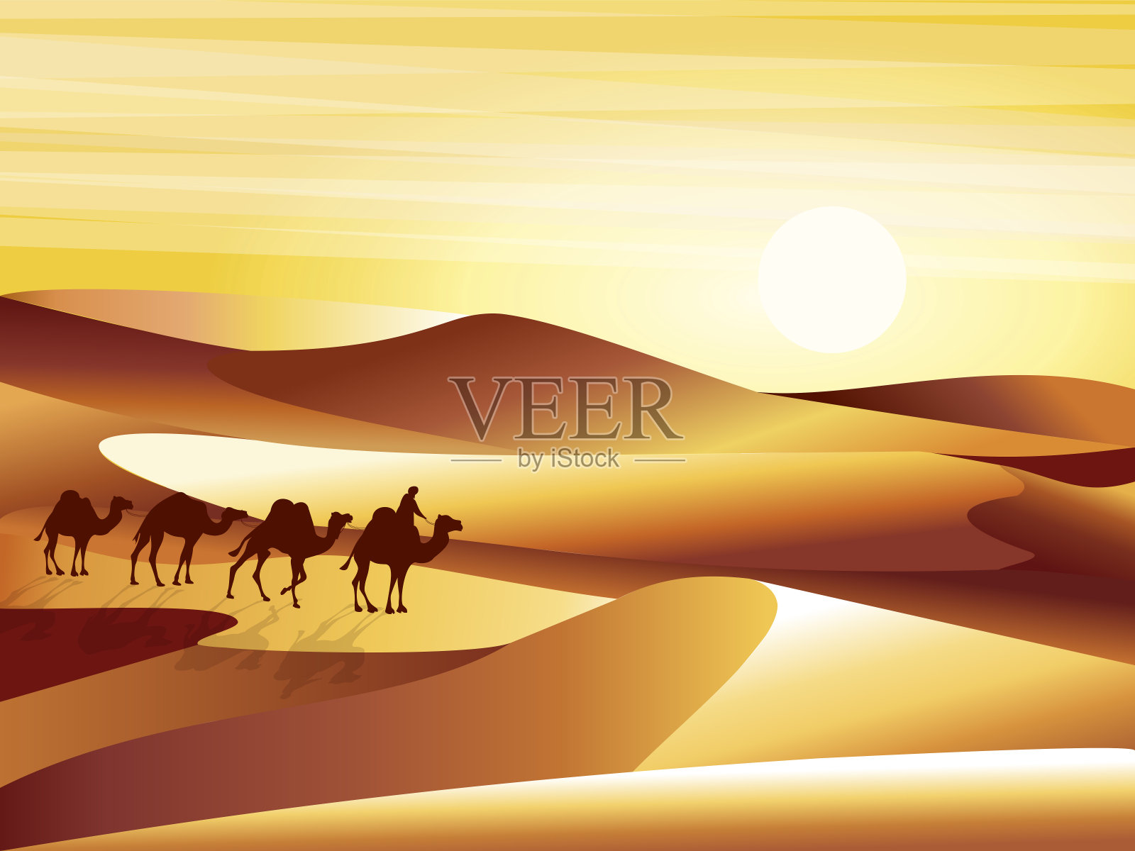 景观背景沙漠沙丘，巴克汗和骆驼篷车矢量插图。插画图片素材