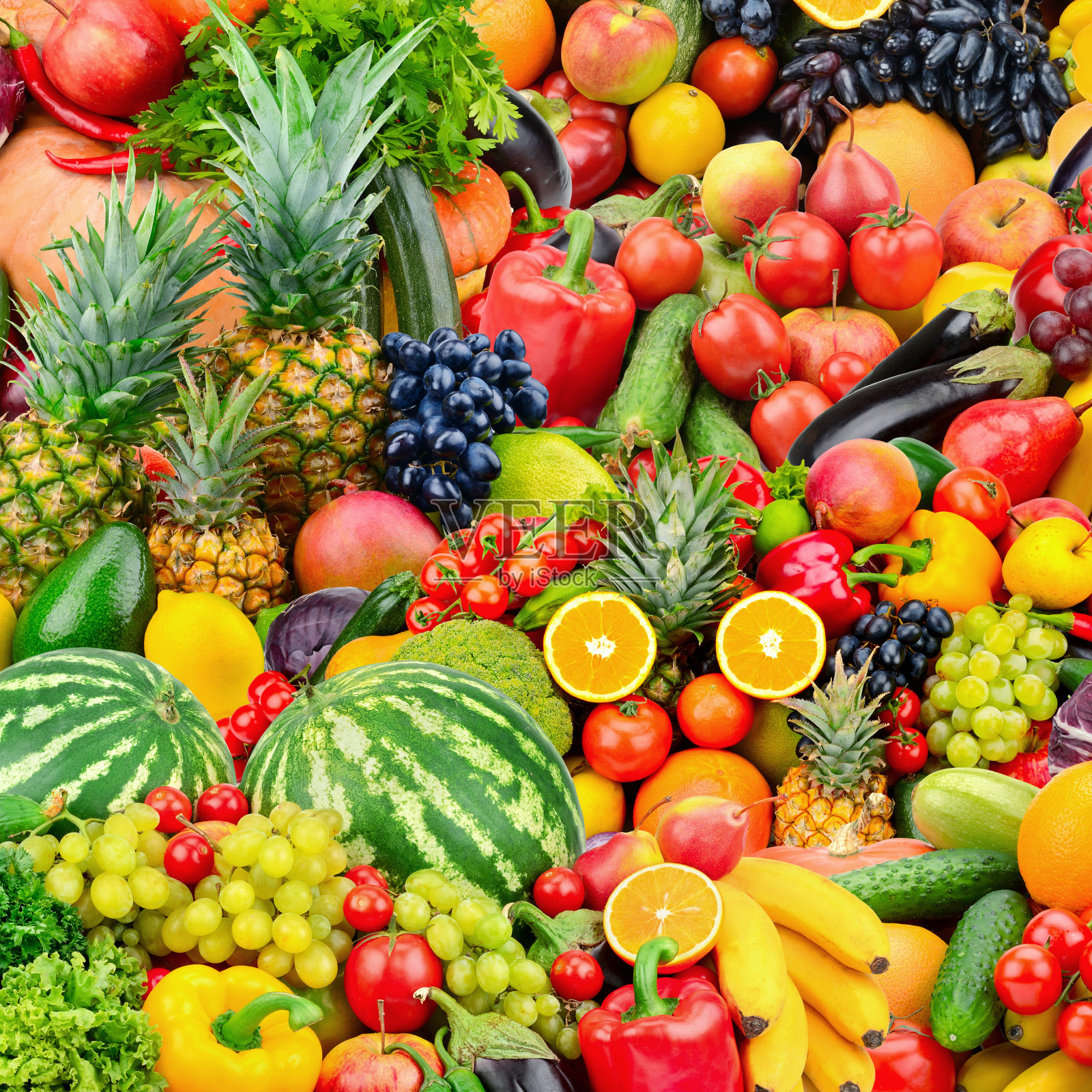 各种新鲜成熟的水果和蔬菜。照片摄影图片