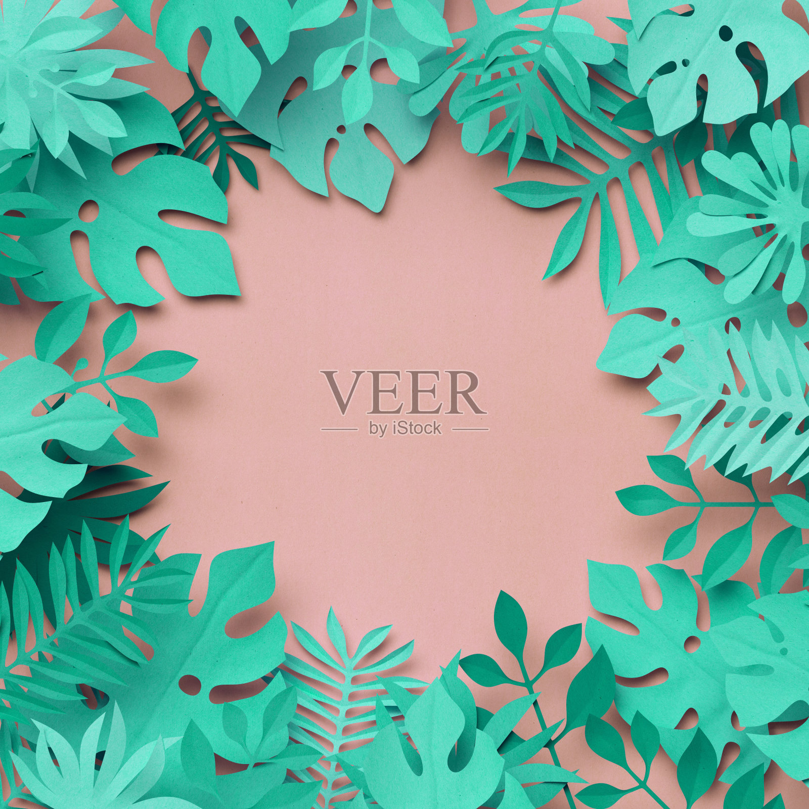 3d渲染，纸艺术，热带棕榈叶，植物背景，珊瑚薄荷粉糖果颜色，热带自然，叶子方形框架，空白卡片模板插画图片素材
