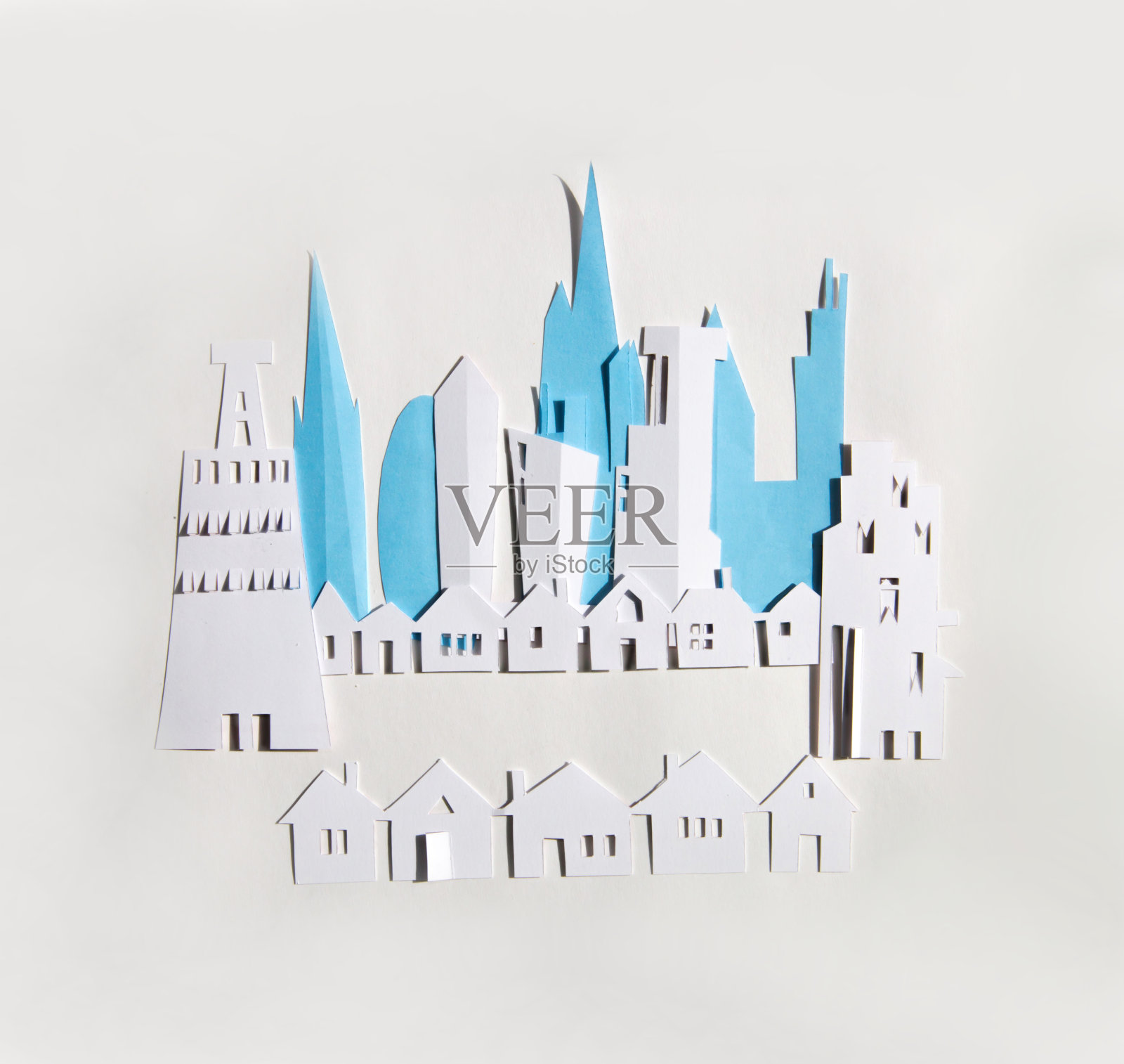 剪纸的设计。有摩天大楼和联排别墅的城市。抽象的背景插画图片素材