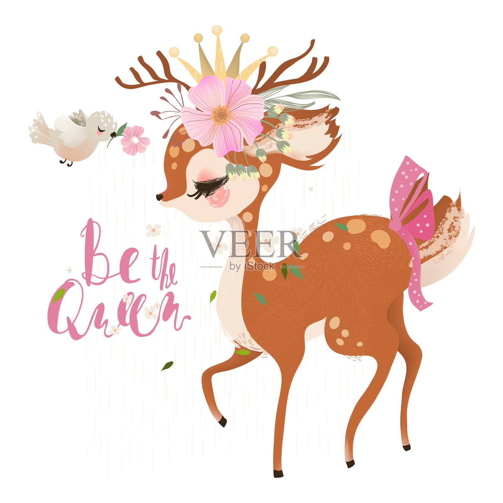 可爱，浪漫，梦想的小公主，鹿，小鹿戴着花圈插画图片素材