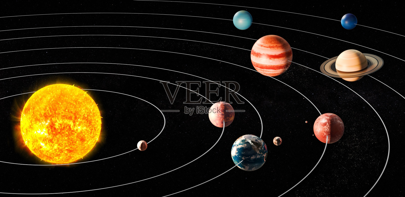 太阳和太阳系的行星，3D渲染插画图片素材