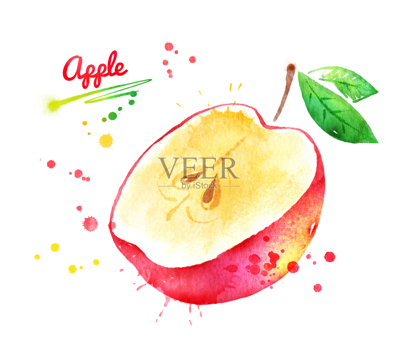 半颗红苹果的水彩画插画图片素材