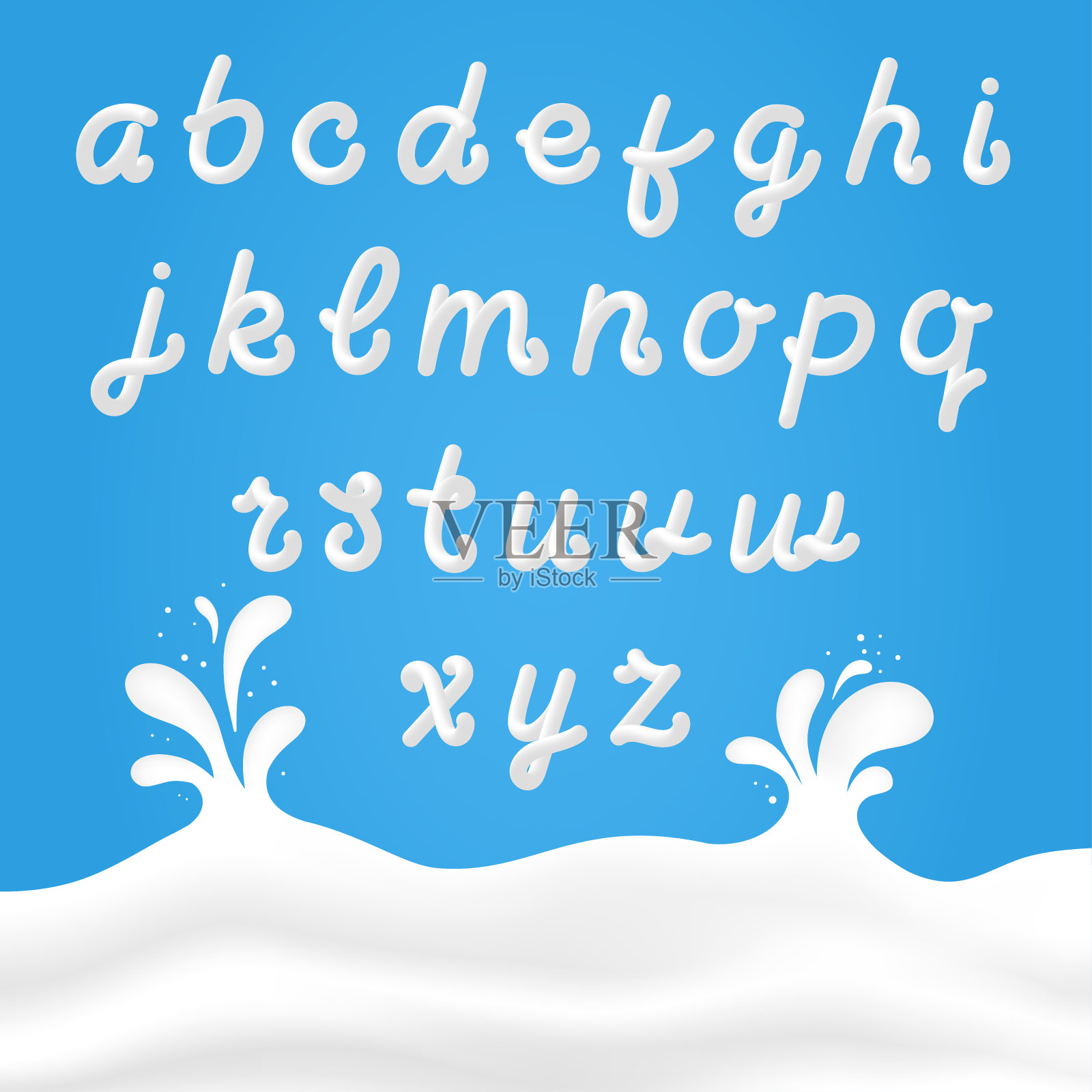 牛奶字体与拉丁字母。白色牛奶手绘字母与液体字母的背景与牛奶飞溅设计元素图片