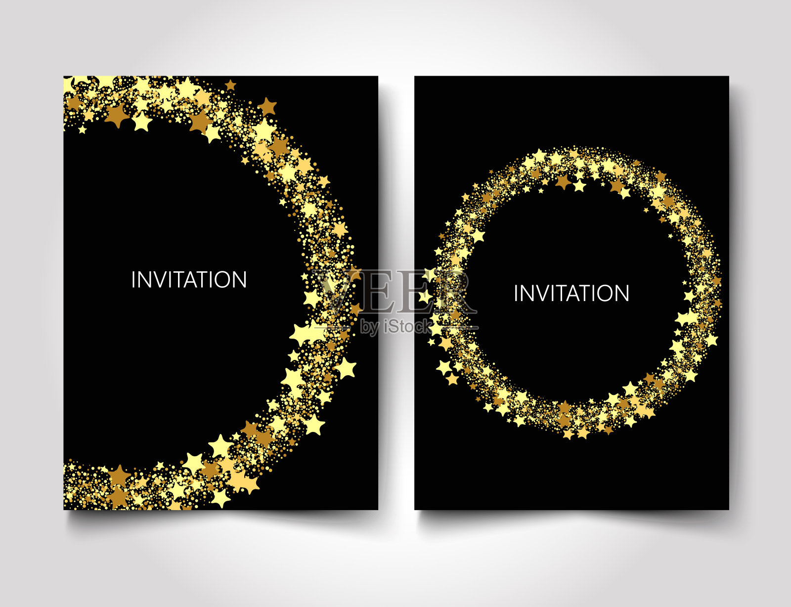 邀请模板黄金闪烁与金色的星星在黑色的背景设计模板素材