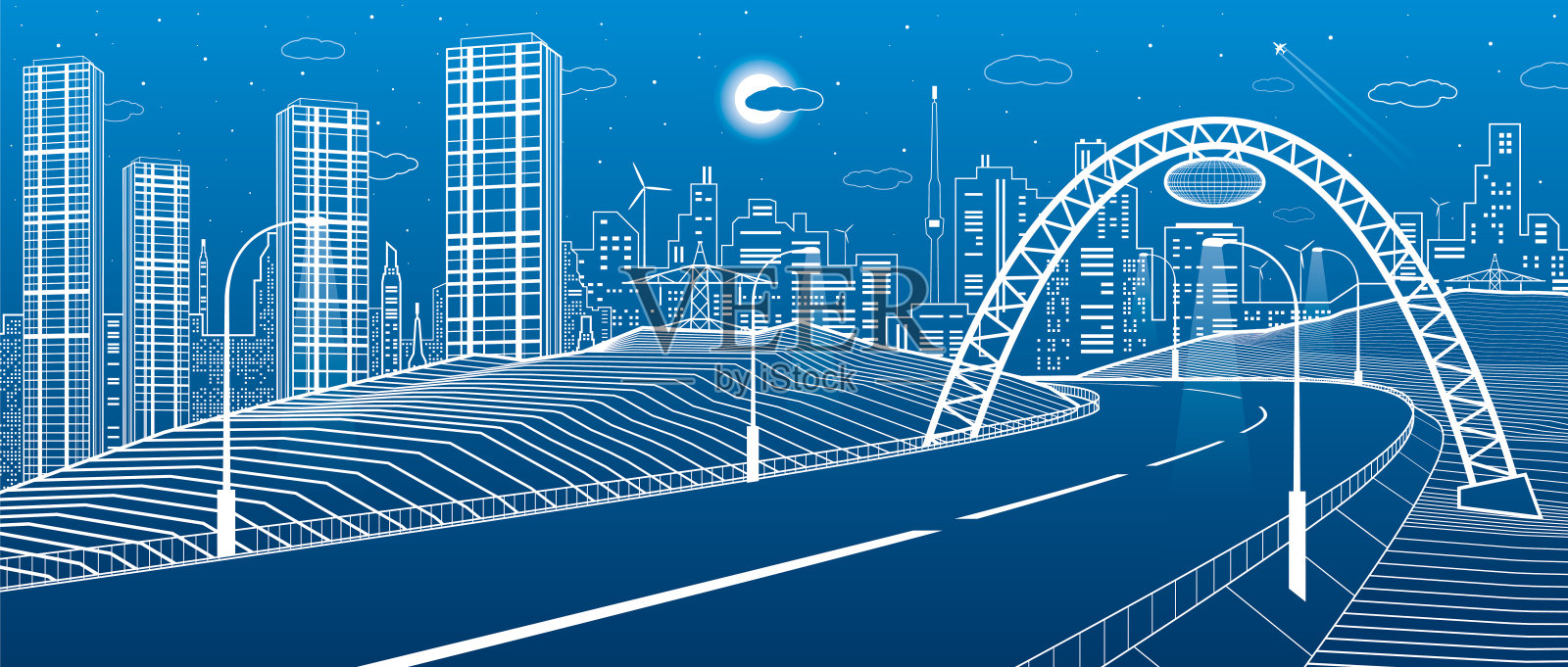 桥下高速公路。现代的夜城，霓虹之城。基础设施插图，城市场景。蓝色背景上的白线。矢量设计艺术插画图片素材
