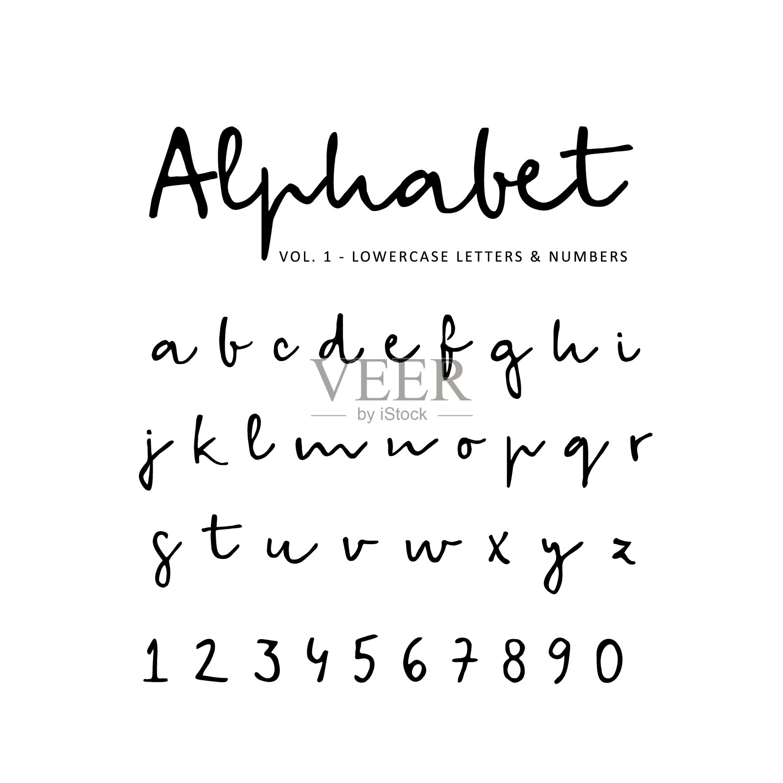 手绘矢量字母，字体，孤立的小写字母和数字写与标记或墨水。书法、印字插画图片素材