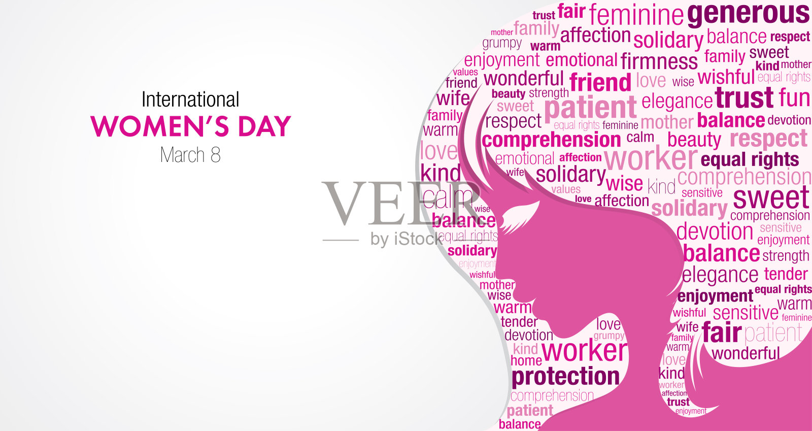 国际妇女节的标题，一个女人的剪影和一个云的文字在剪影在粉红色和紫色的颜色插画图片素材