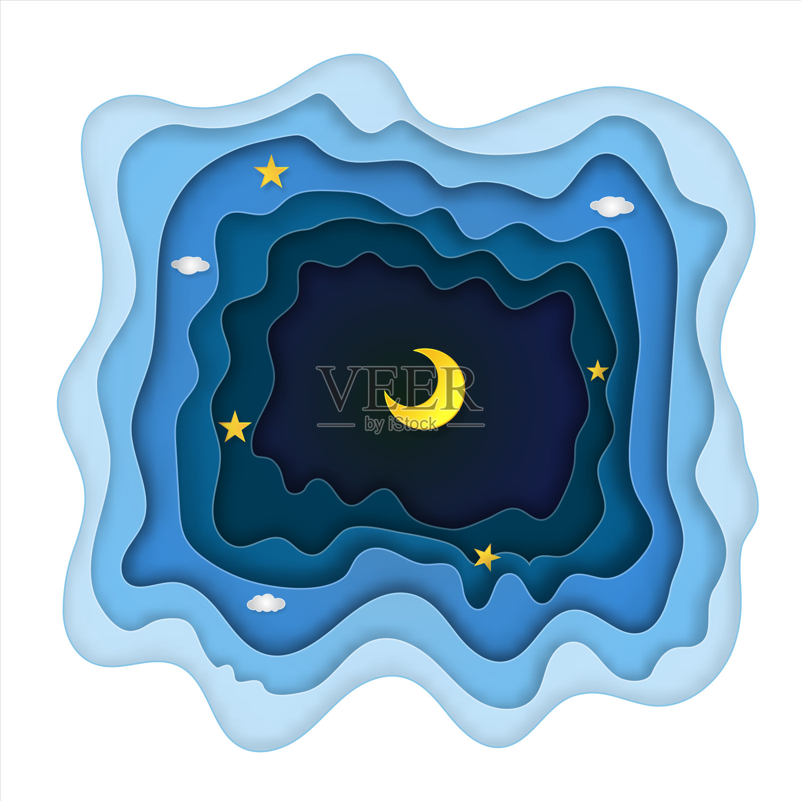折纸层天空的半月，云彩和星星在夜晚作为纸艺术和工艺的风格概念。矢量插画家。插画图片素材