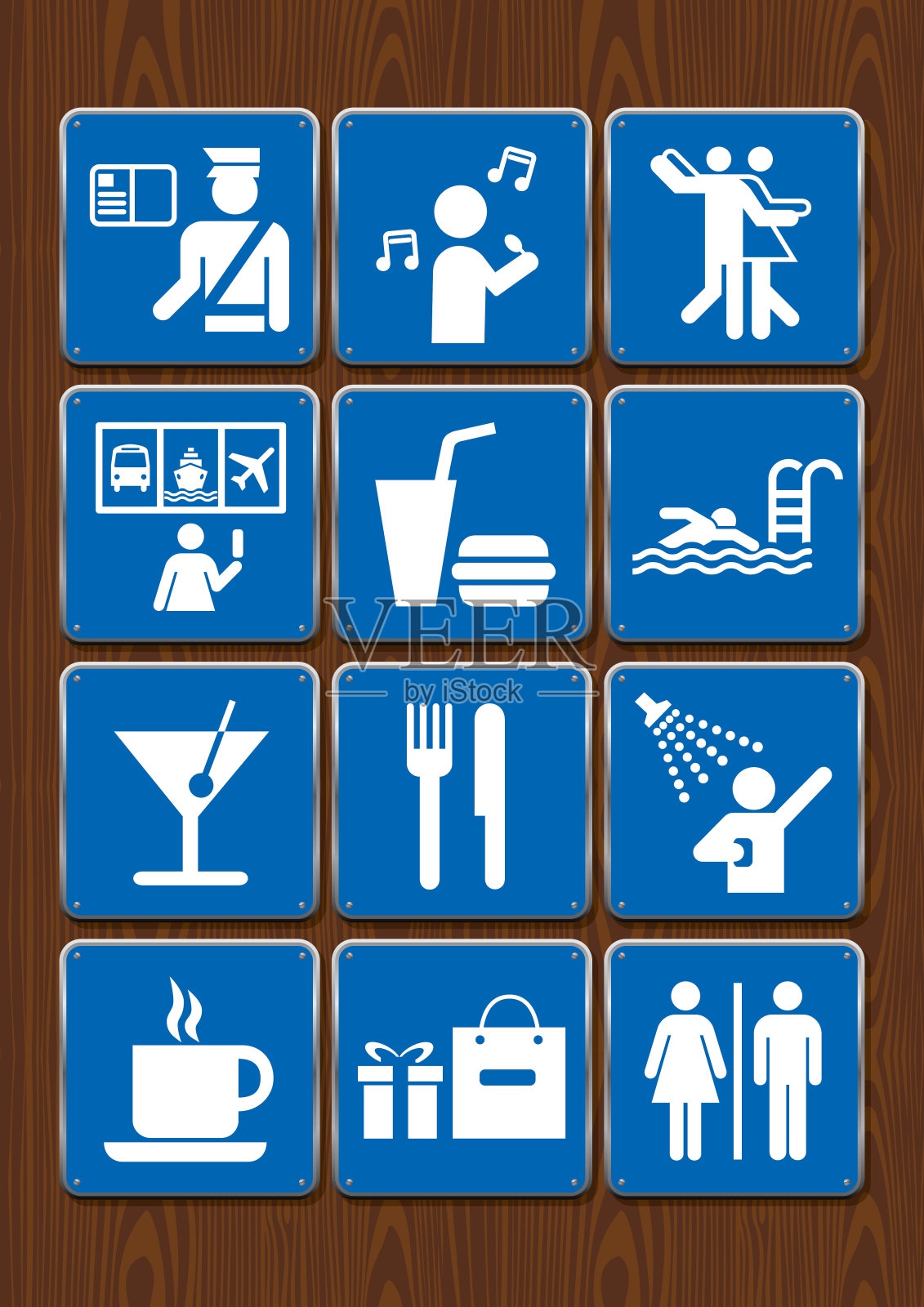 设置图标的浴室，卡拉ok，迪斯科，酒吧，餐厅，游泳池，淋浴，自助餐厅，风俗。木制背景上的蓝色图标图标素材