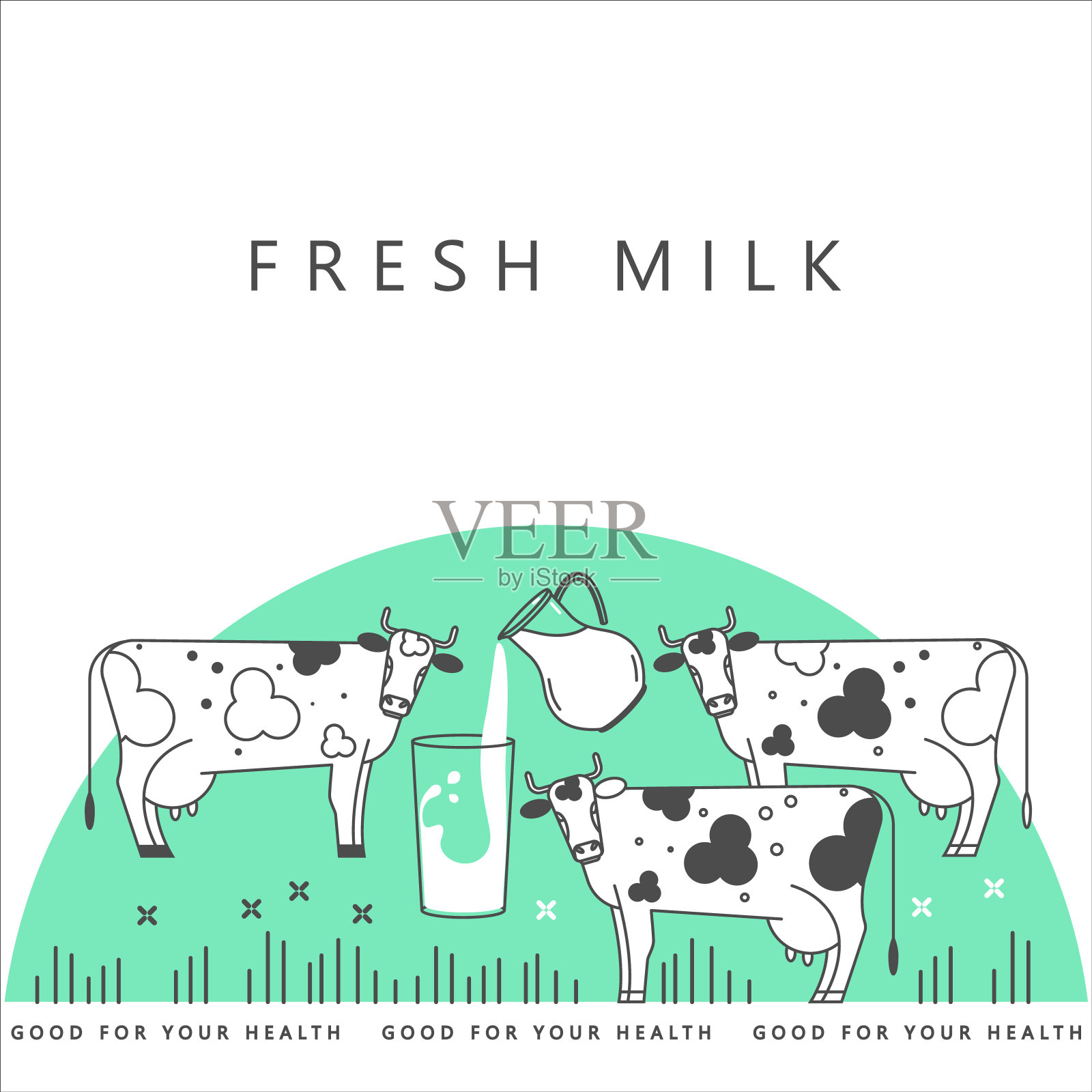 插图是一头奶牛，一杯牛奶和一个罐子。包装新鲜天然牛奶的载体。插画图片素材