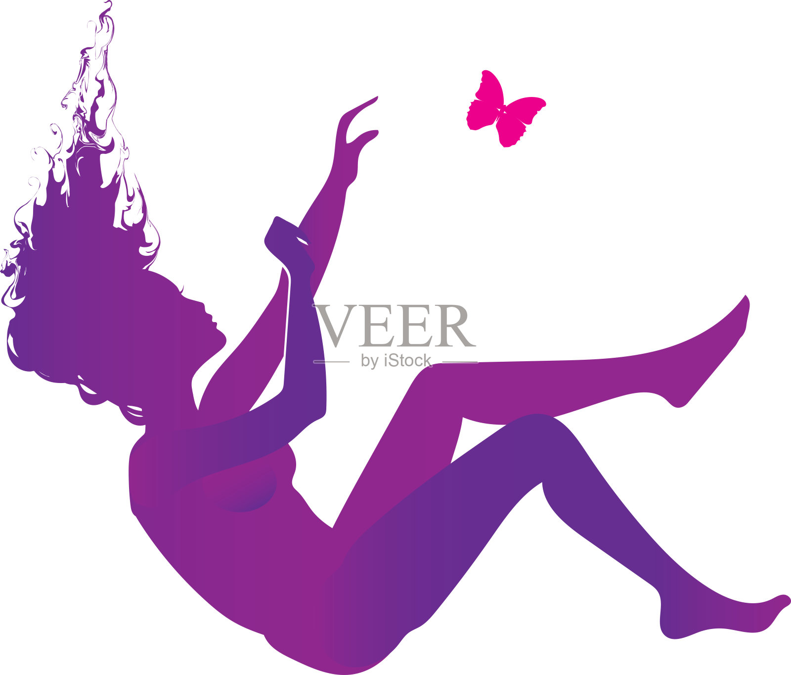 紫色的剪影和粉红色的蝴蝶-象征着纤维肌痛，慢性疼痛和慢性疲劳综合症，破碎的梦插画图片素材