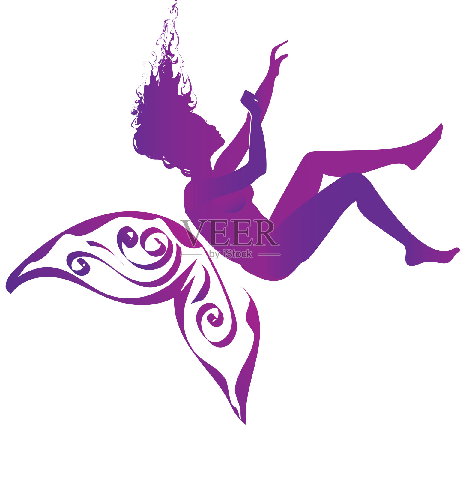 紫色的剪影，一个女人的紫色蝴蝶翅膀-象征纤维肌痛，慢性疼痛和慢性疲劳综合症，破碎的梦想设计元素图片