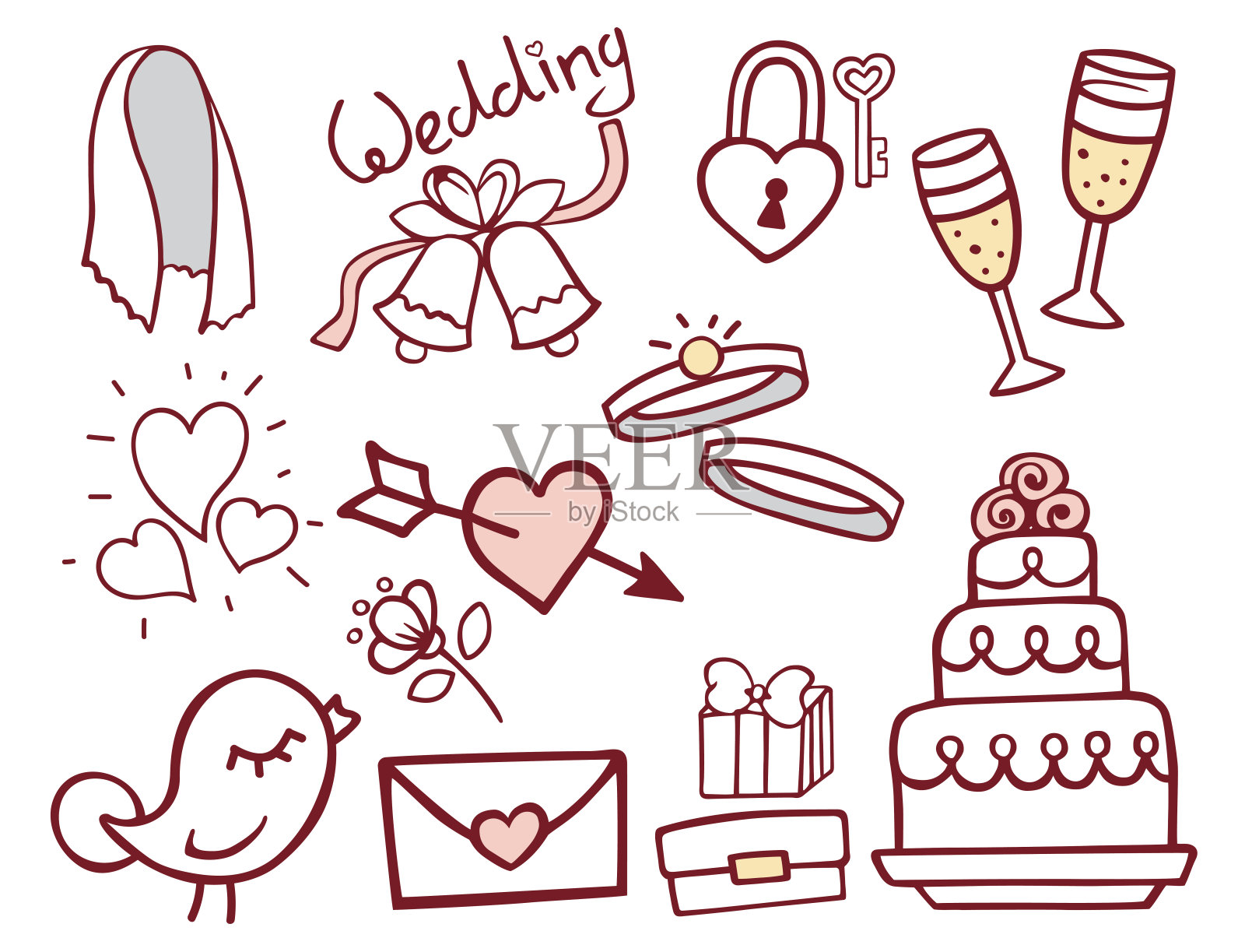 婚礼大纲手绘图标矢量插图结婚庆典音乐新郎邀请元素插画图片素材