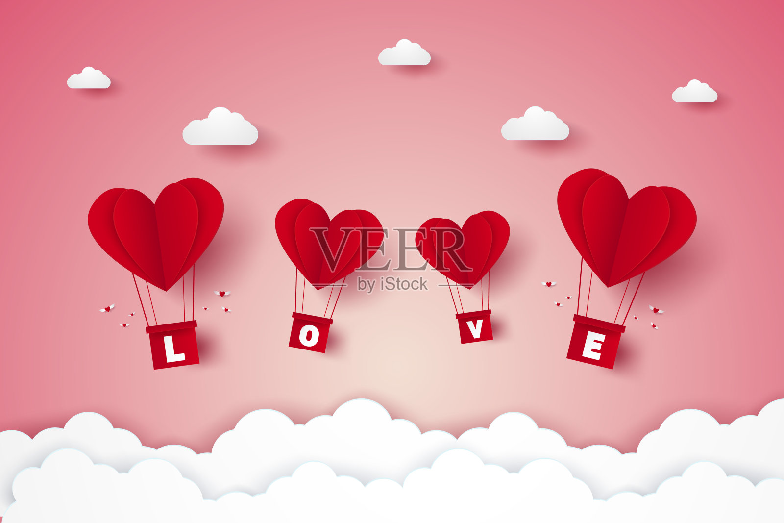 情人节，爱的插图，红色的心形热气球与字母飞在天空，纸艺术风格插画图片素材