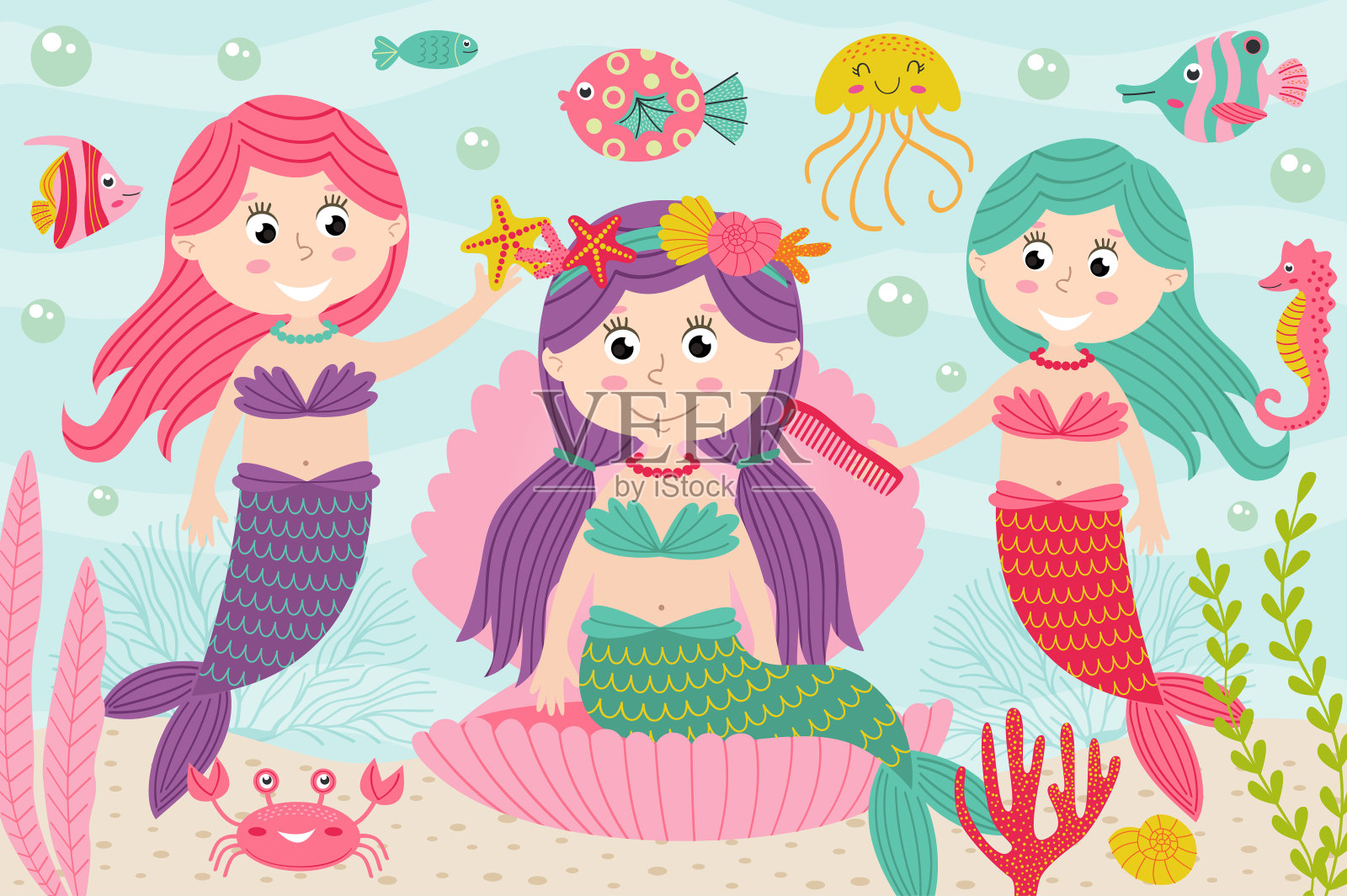 美人鱼在水下梳理和装饰头发插画图片素材