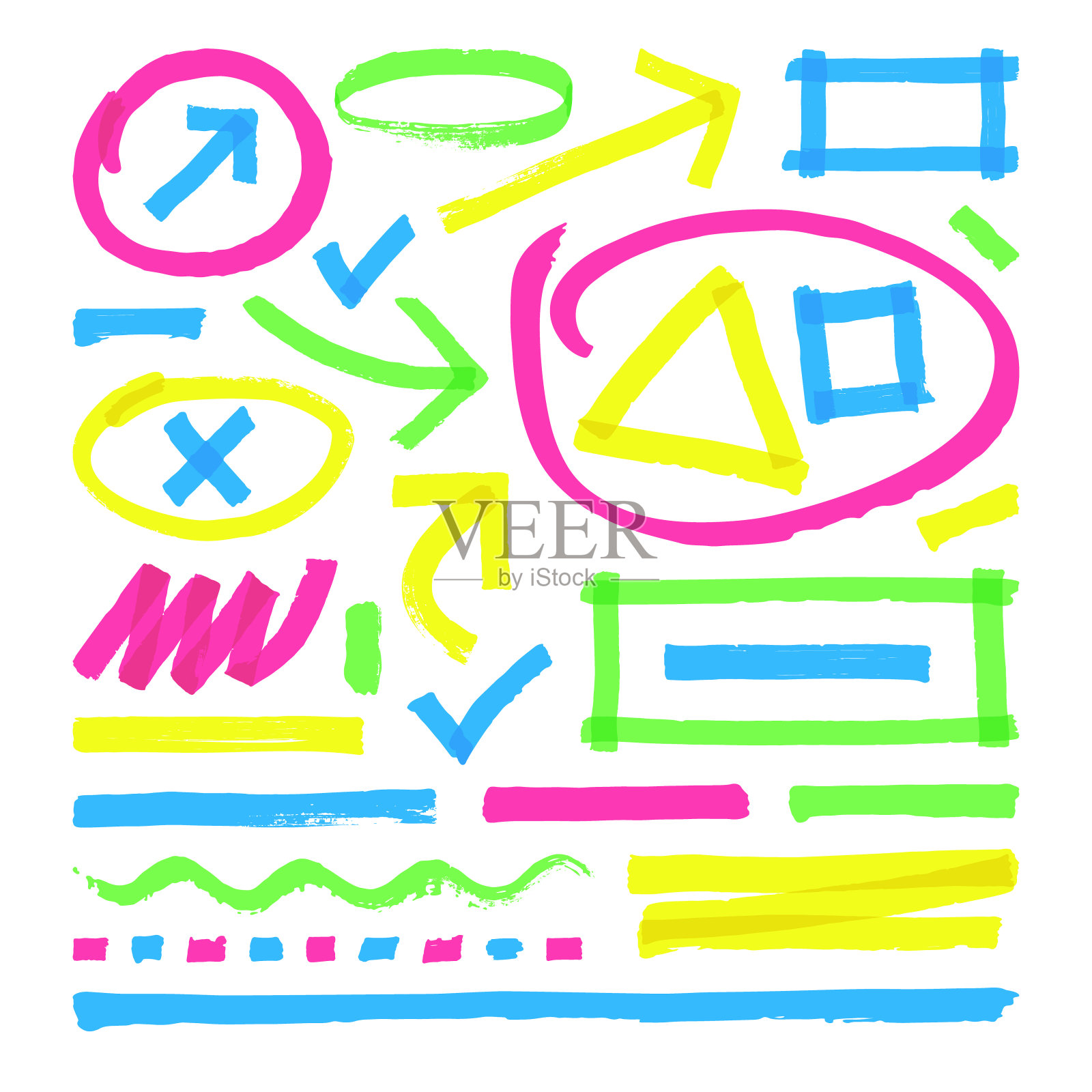 萤光笔矢量标志。用颜色标记条纹、笔画和箭头插画图片素材