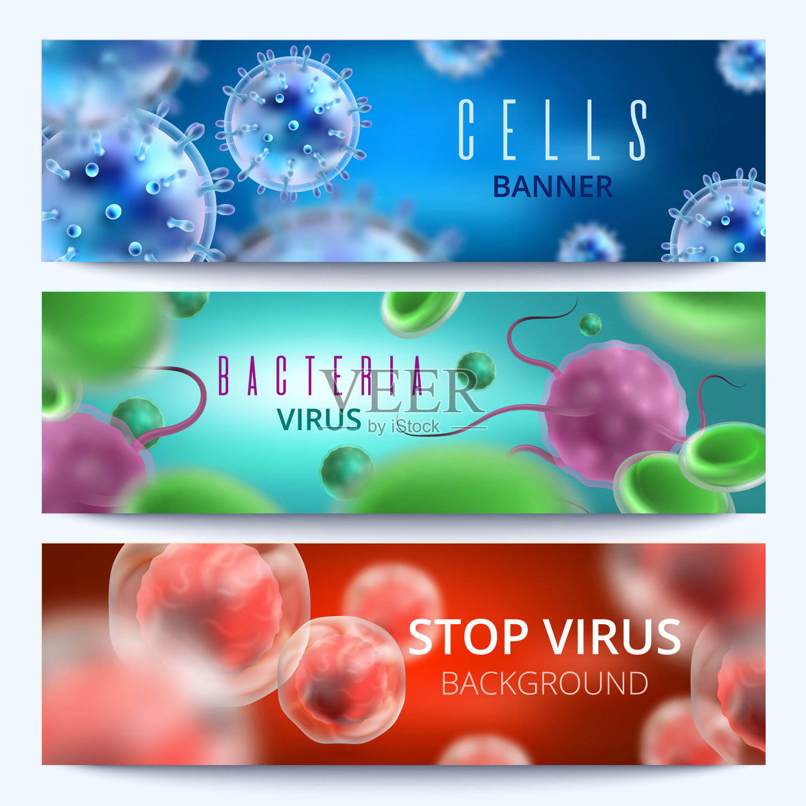 微生物学和医学载体网页横幅与3d细菌和病毒插画图片素材