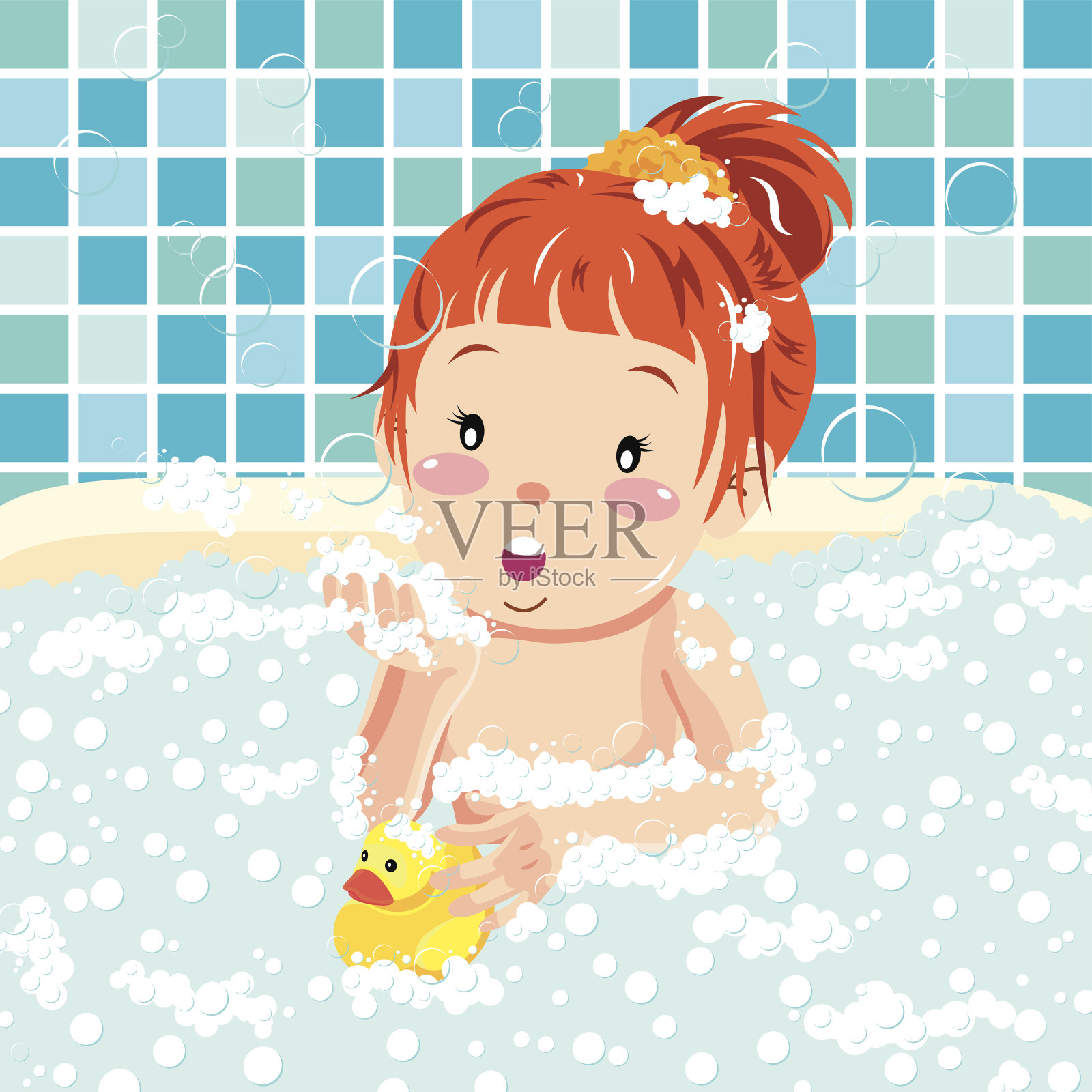 泡泡浴里的女孩和橡皮鸭插画图片素材