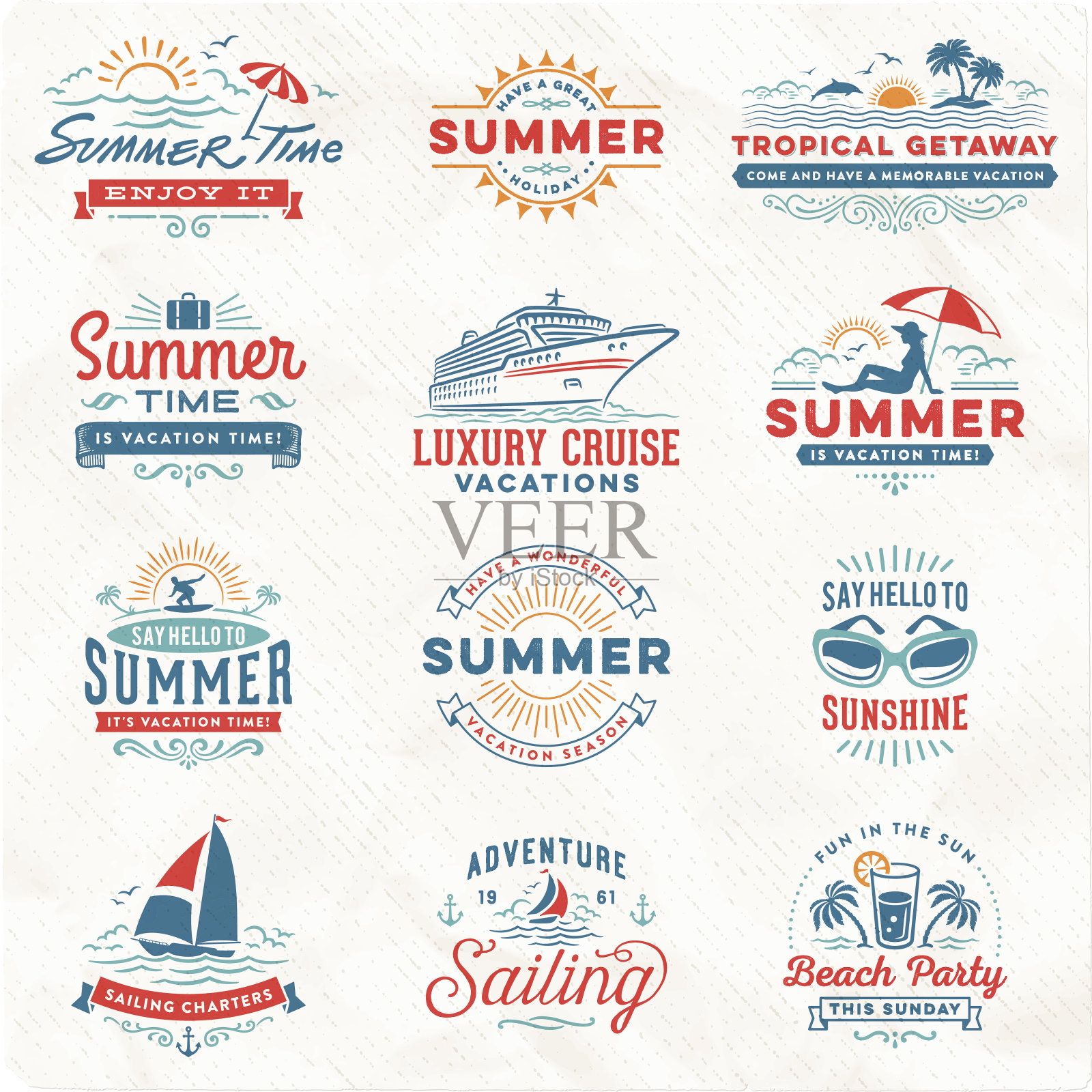 暑假，冲浪，帆船，海滩标志和徽章设计元素图片