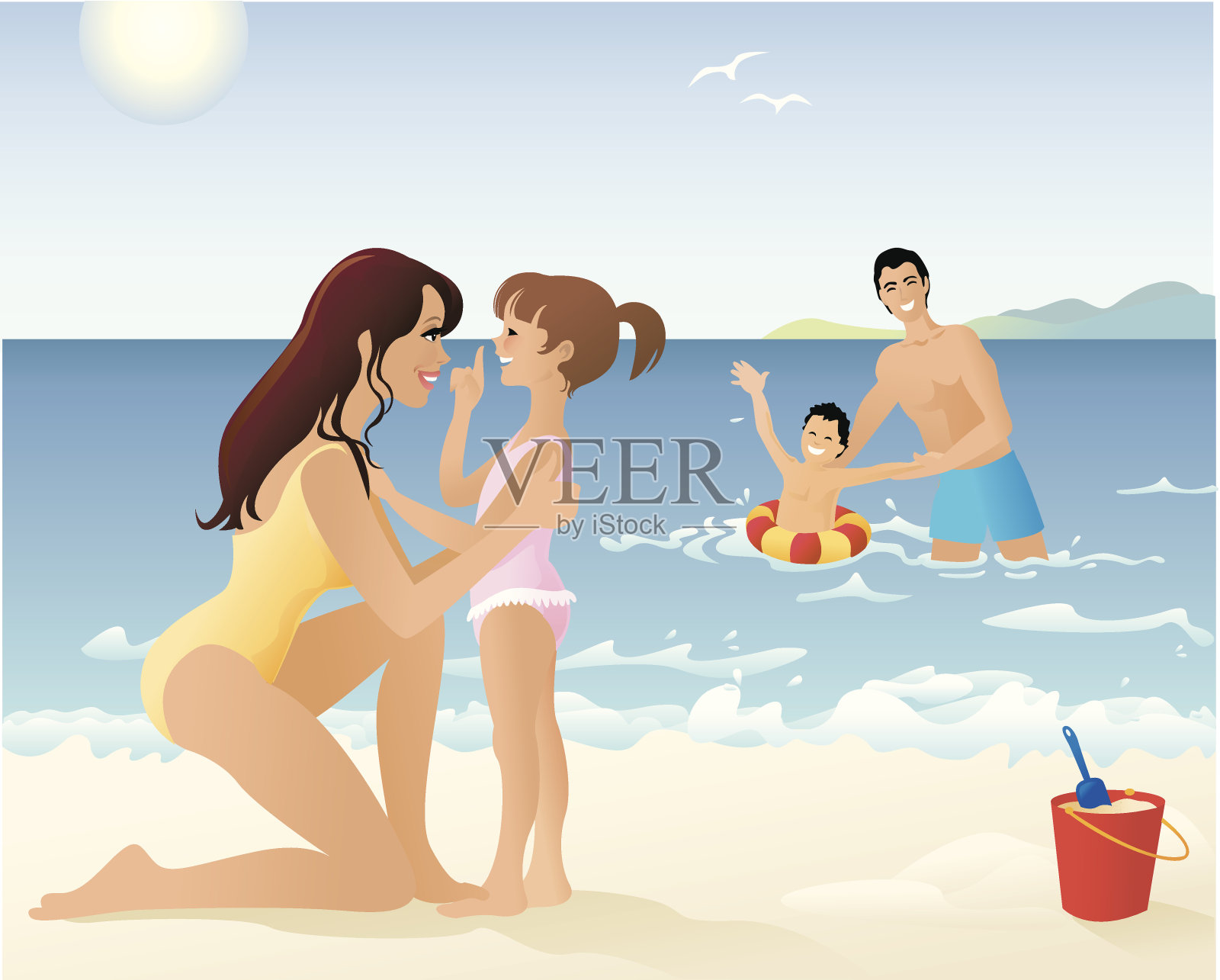家庭花时间在海滩和水里玩插画图片素材