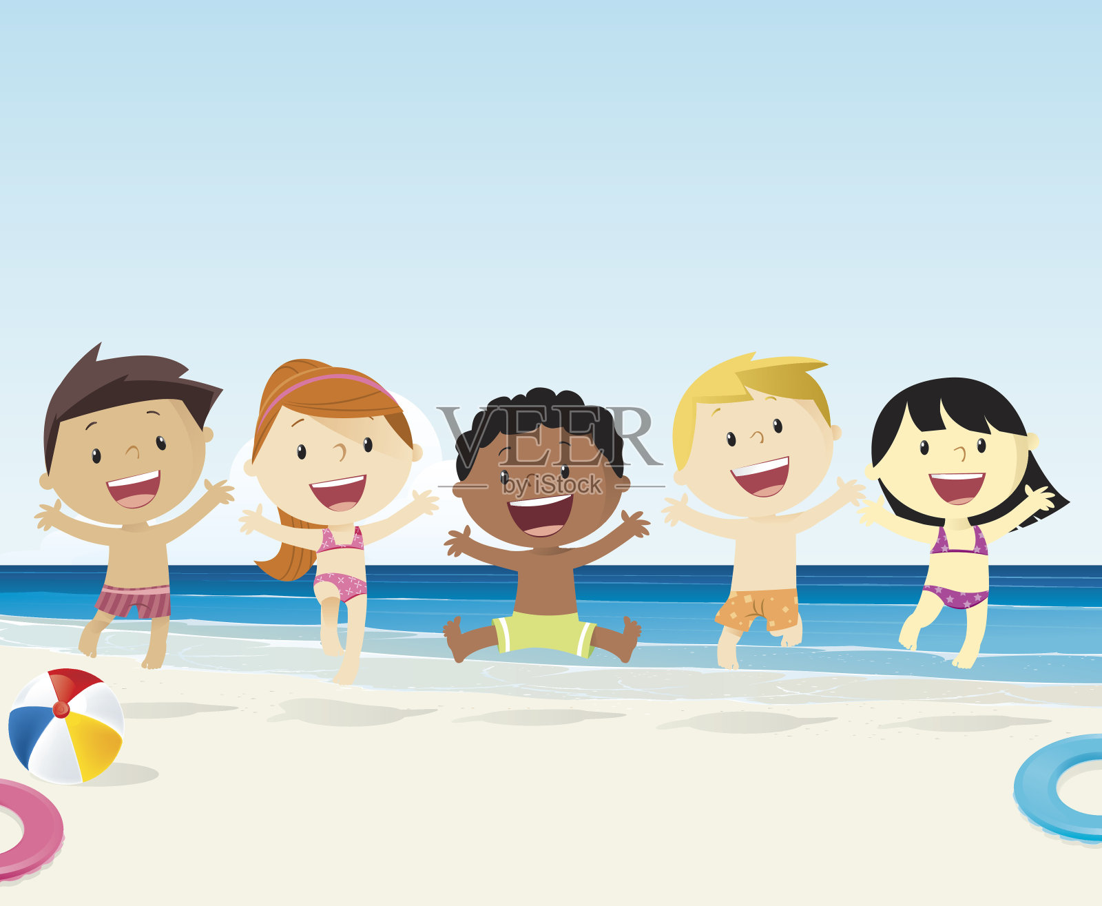 沙滩上的孩子插画图片素材