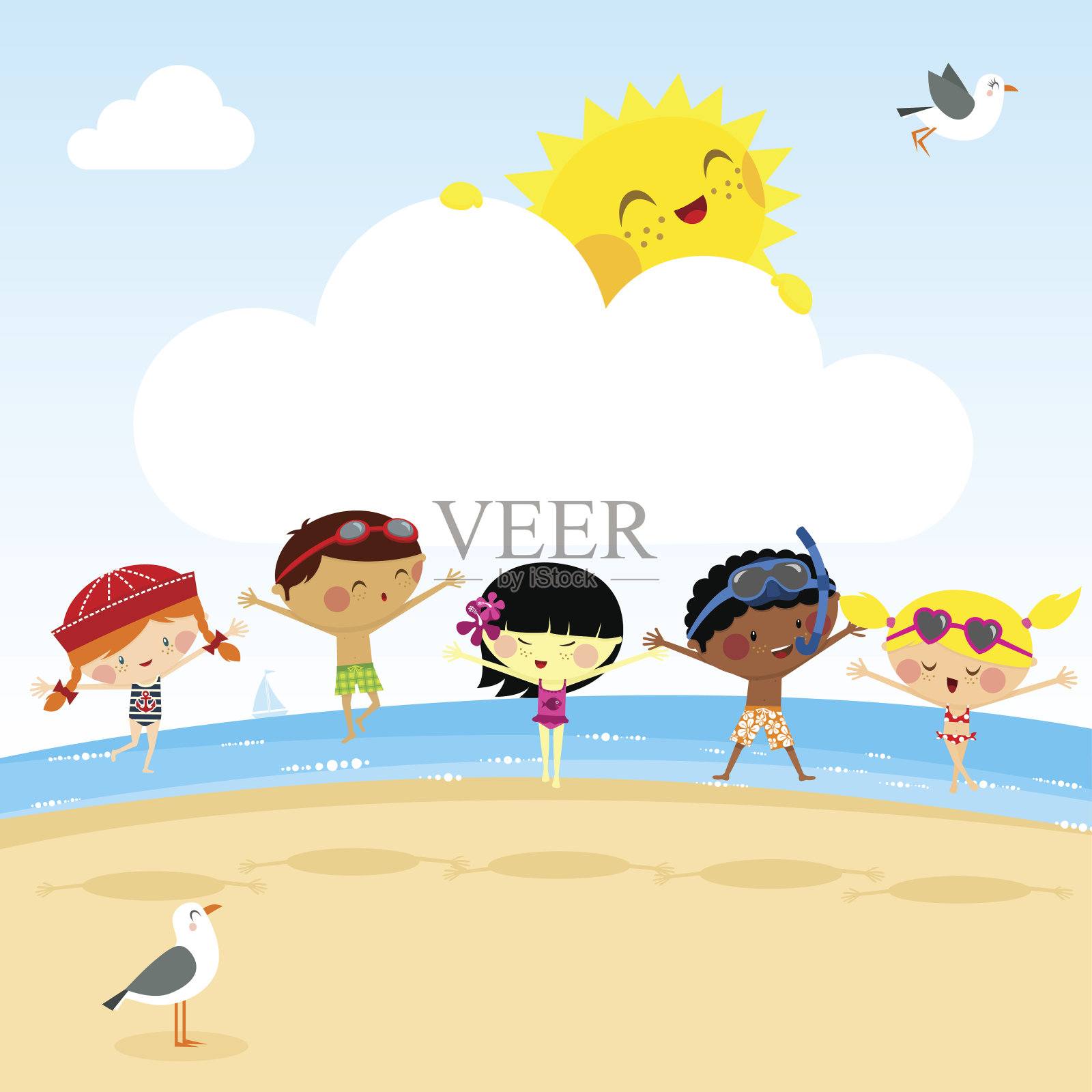 沙滩上的孩子们。有趣的夏季太阳米罗插图向量插画图片素材