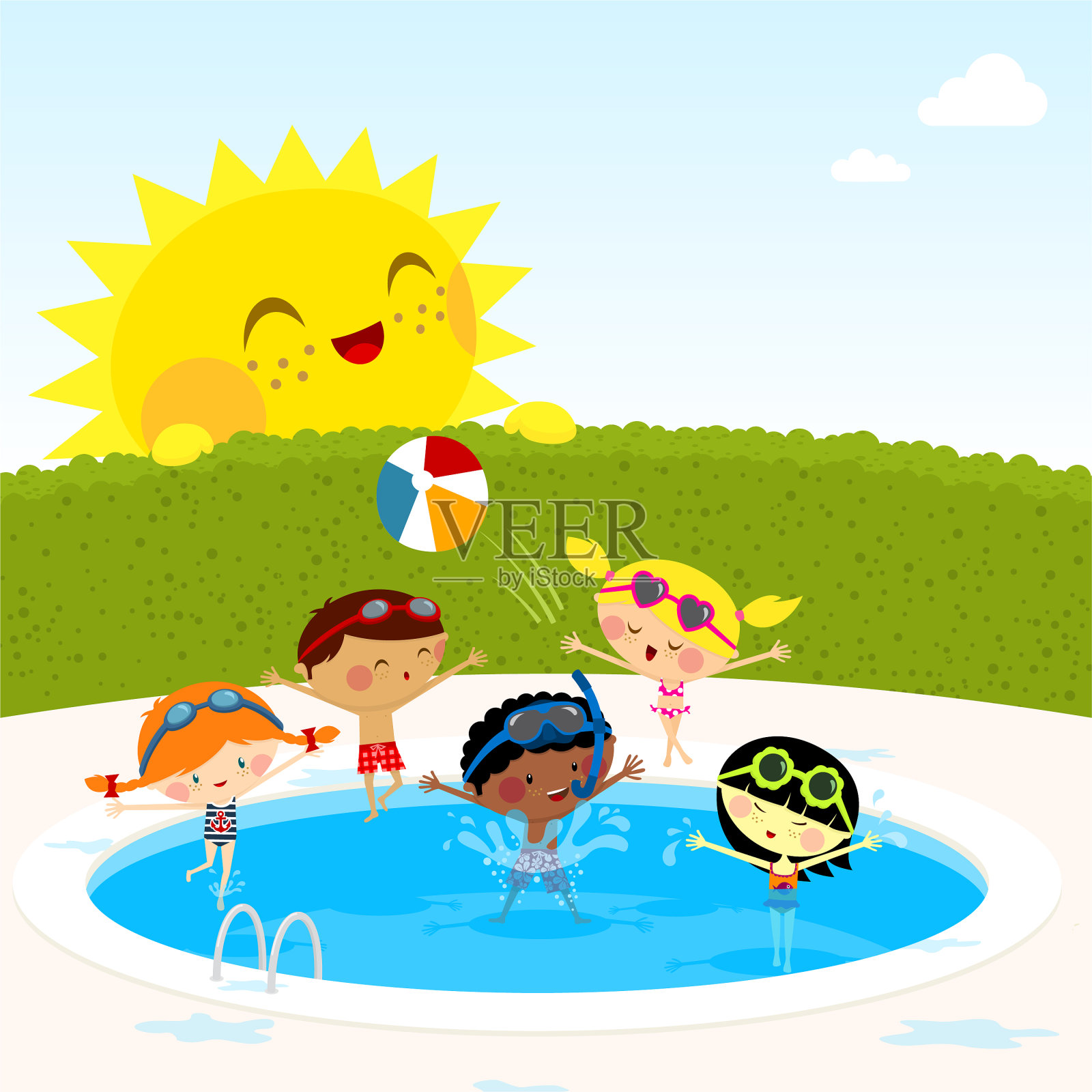 孩子们在游泳池里插画图片素材