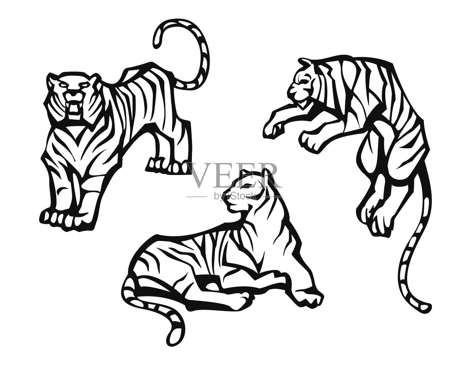 三种姿势的老虎插画图片素材