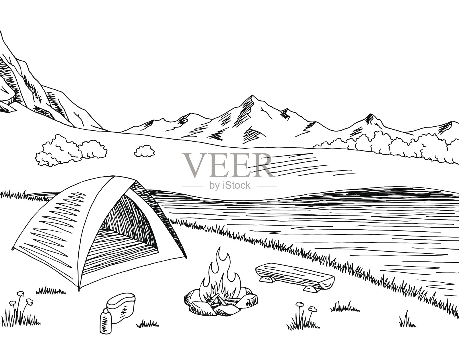 露营图形黑白山景观素描插图矢量插画图片素材