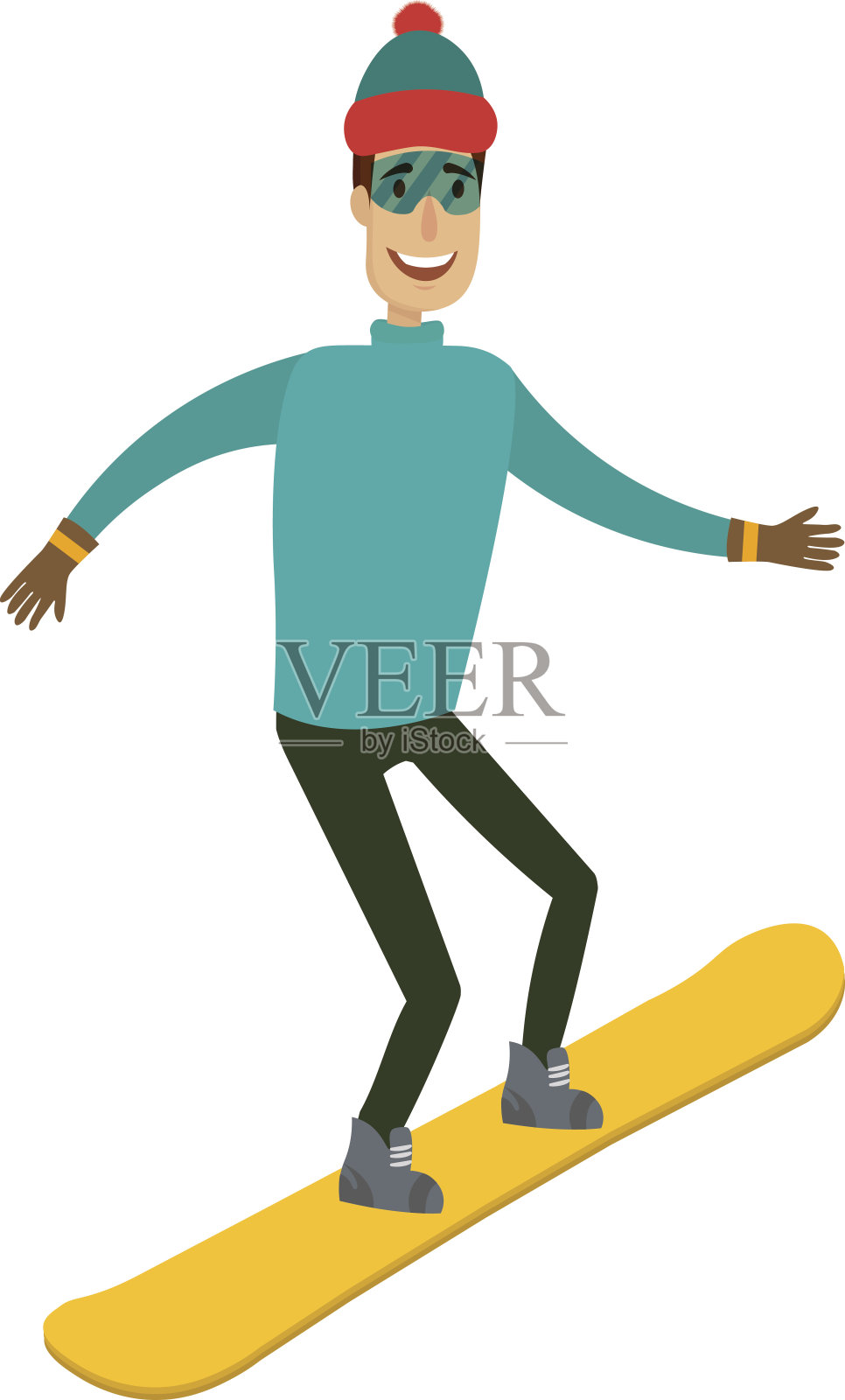 一个男人，男孩，年轻人在山上滑雪。不同的背景。扁平和卡通风格。矢量插图。设计元素图片