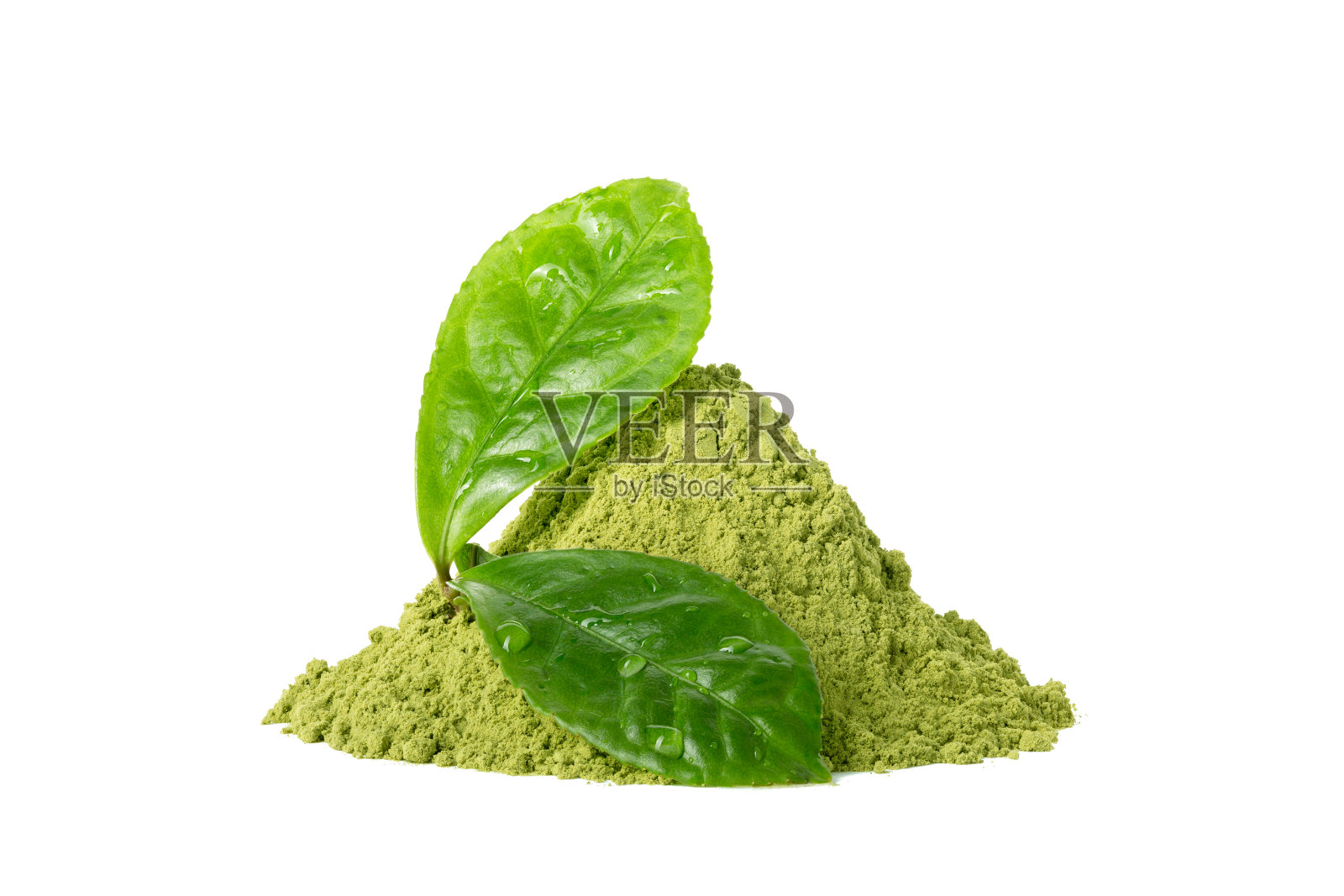 绿茶抹茶粉与绿湿叶分离上白照片摄影图片