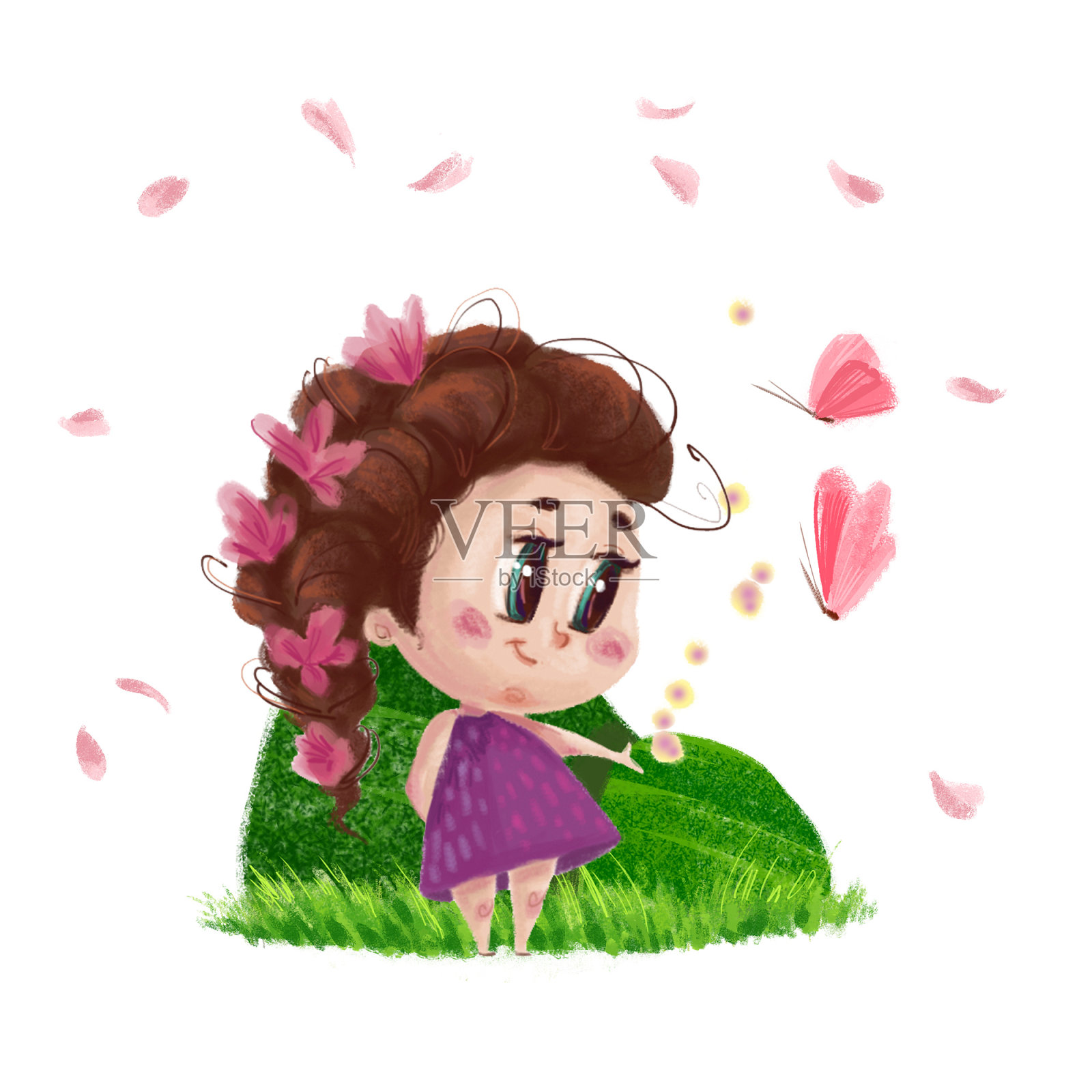 手绘肖像可爱的小女孩站在绿色的草地上，长长的头发孤立在白色的背景上。夏季儿童插图与自然元素和蝴蝶。插画图片素材
