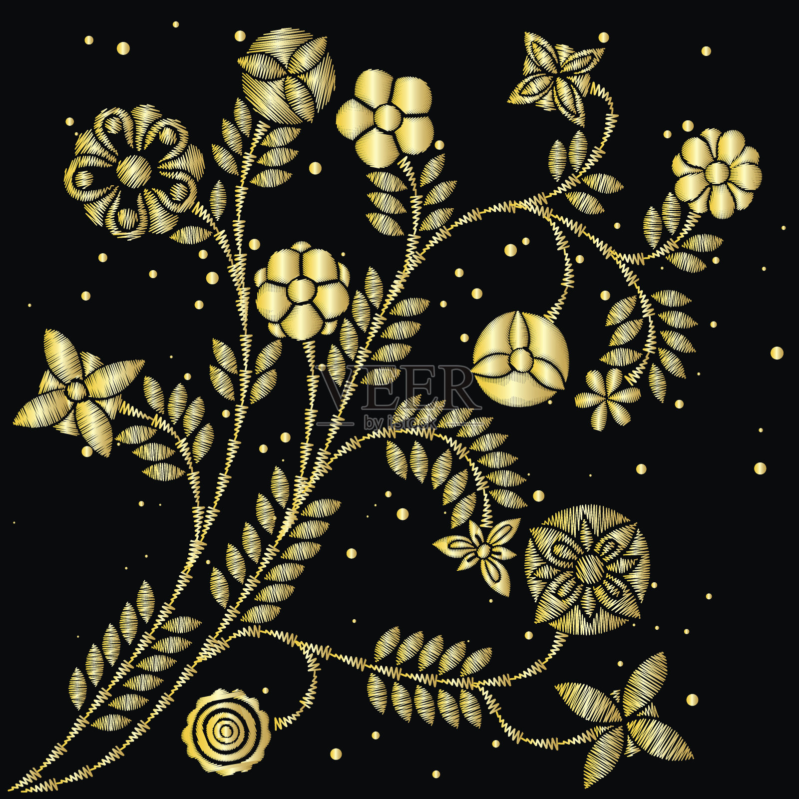 刺绣黄金潮流花束。当代民间传统服饰，黑色背景，金色插花。热带日本青年枝金属开花。向量。插画图片素材