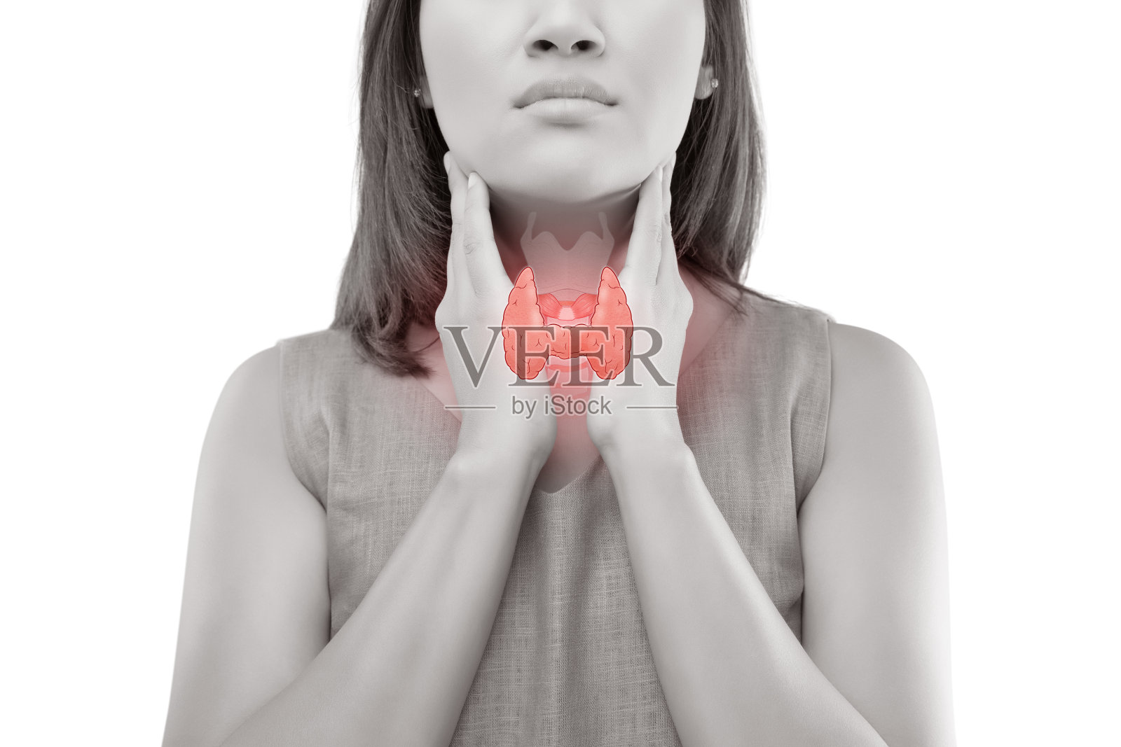 女性甲状腺控制。喉咙痛的人孤立在白色的背景。照片摄影图片