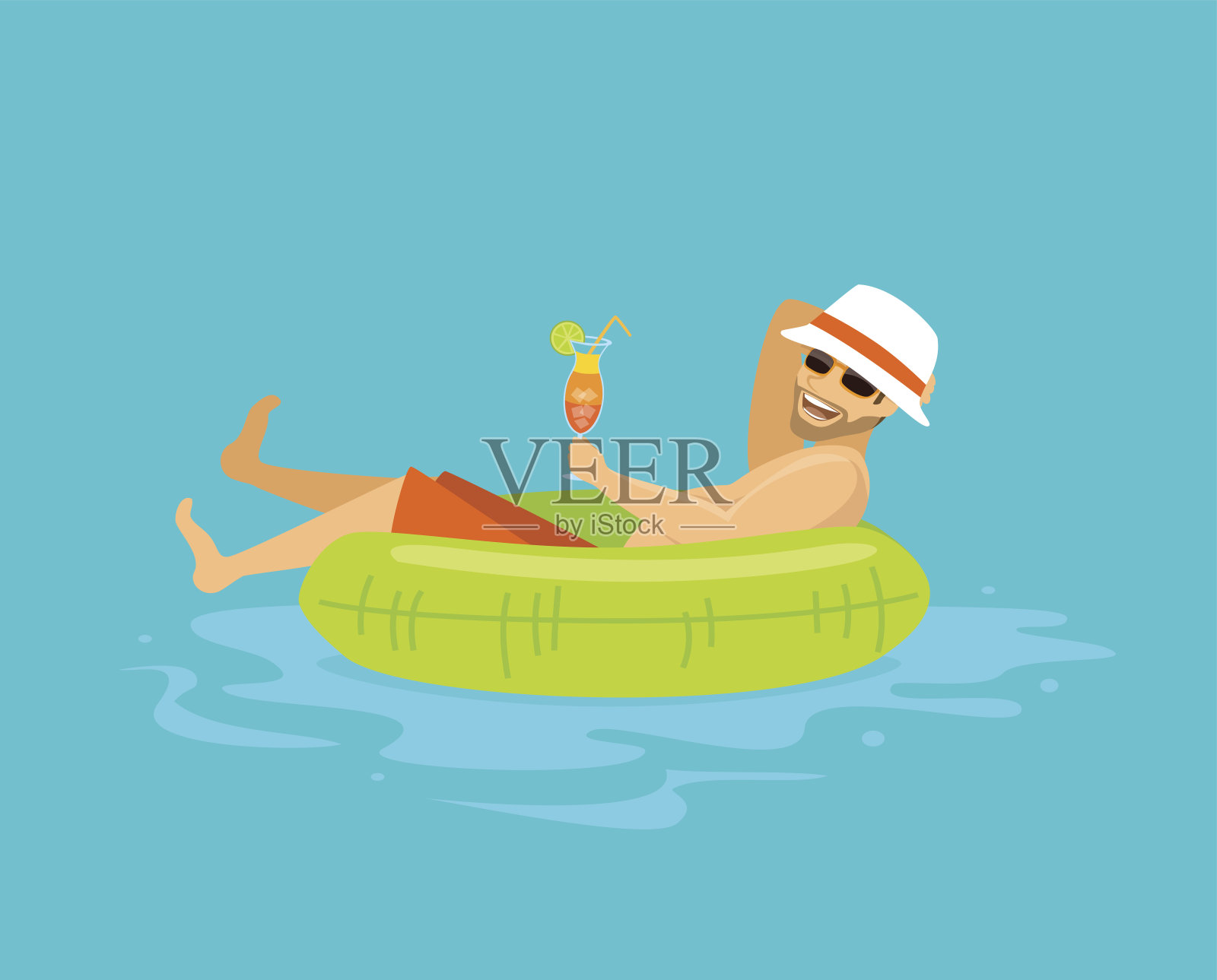 快乐的家伙在充气圈里漂浮在游泳池里，喝着鸡尾酒，享受着夏日、假期、假期插画图片素材