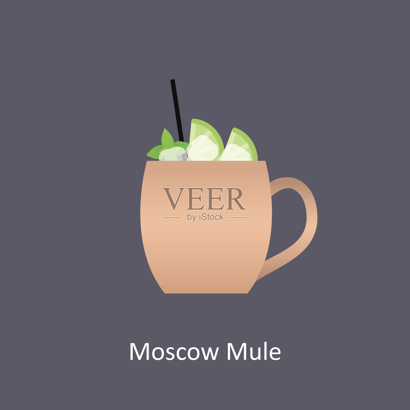 莫斯科骡子鸡尾酒图标在黑暗的背景在平坦的风格插画图片素材
