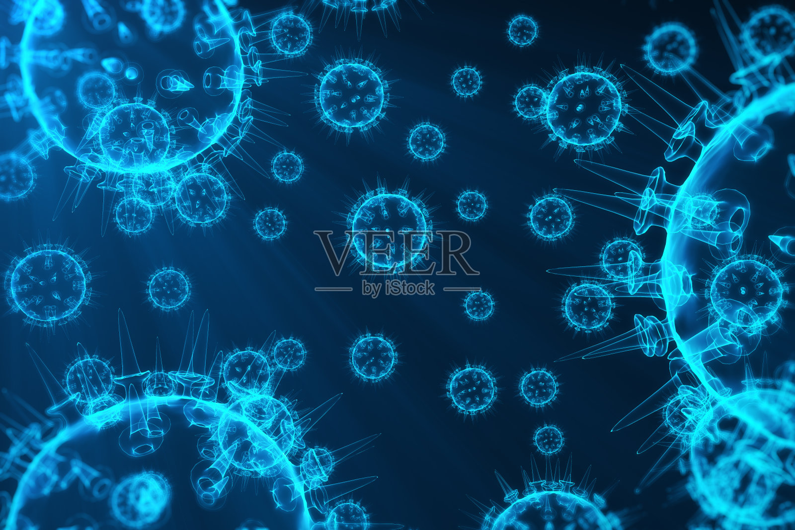 病毒和细菌，细菌，细胞感染的生物体。流感病毒H1N1，猪流感的抽象背景。蓝色病毒以吸引人的颜色发光，3D渲染照片摄影图片