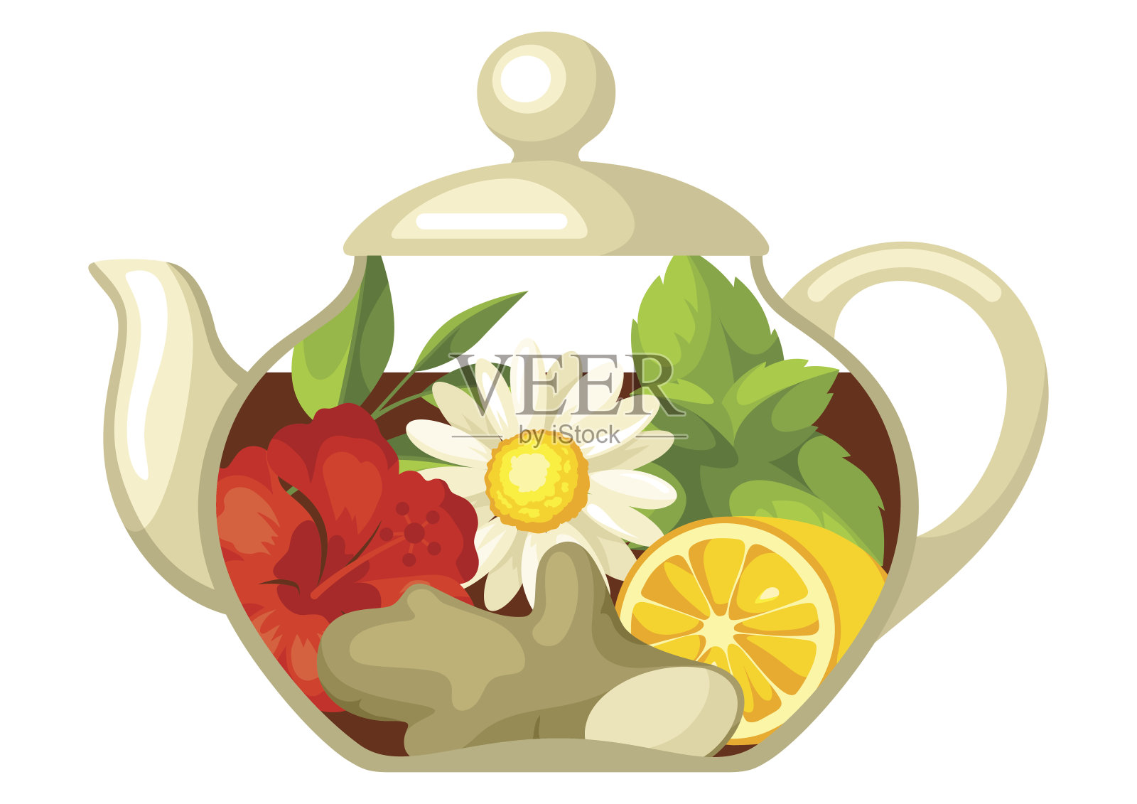 不同口味和配料的玻璃茶壶插图插画图片素材