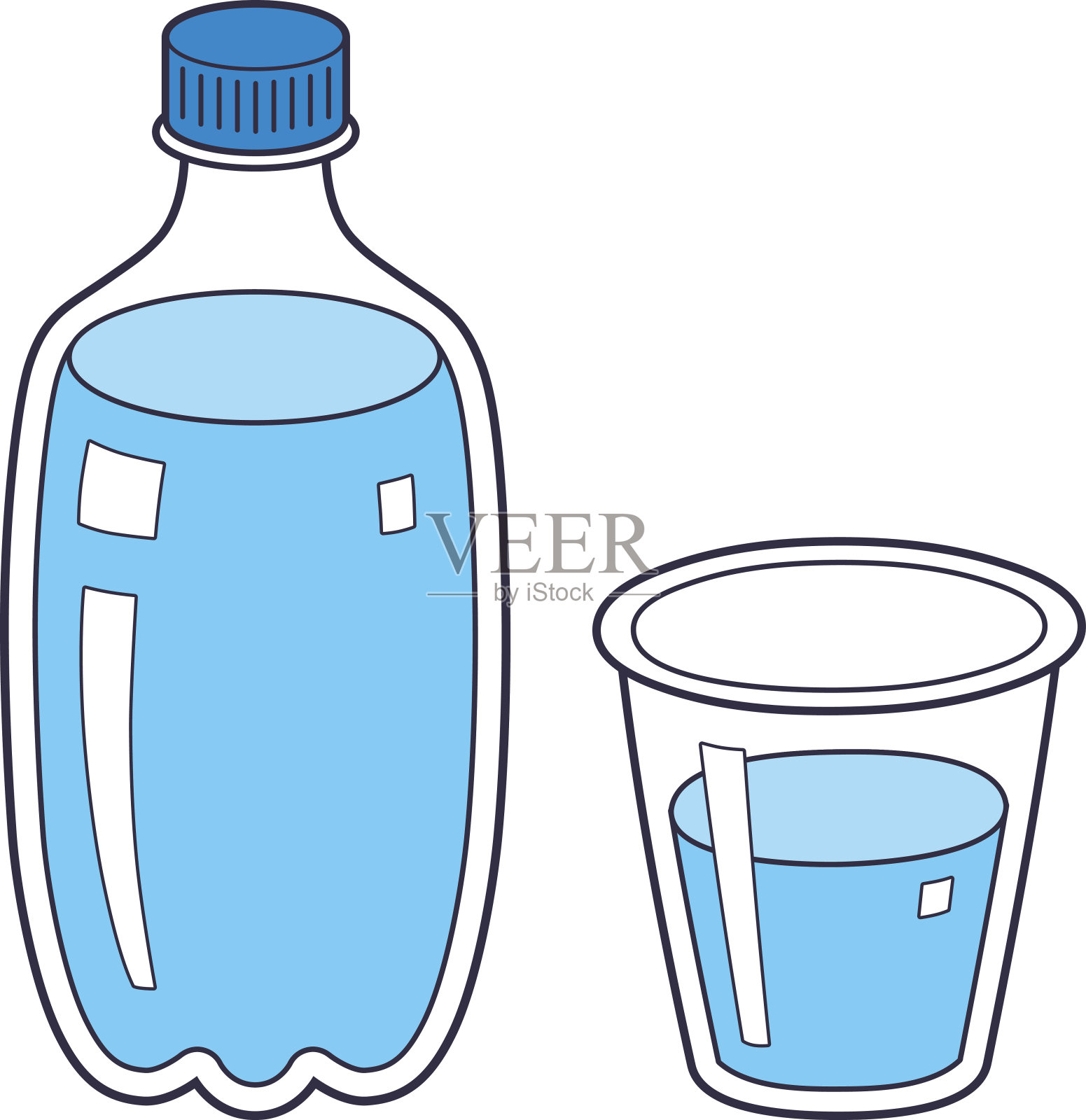 塑料水瓶和杯子或玻璃杯。插画图片素材